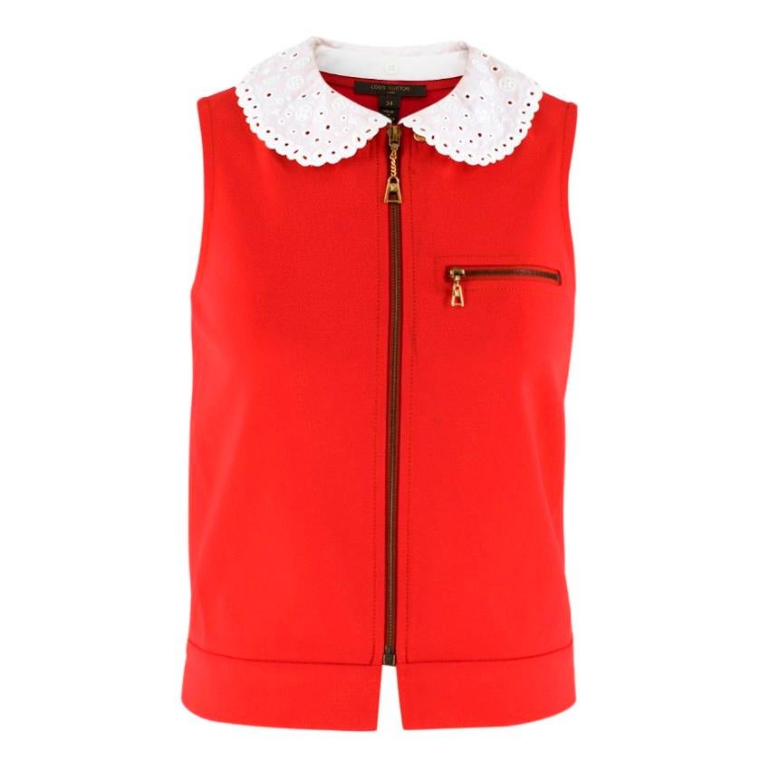 Louis Vuitton Detachable Monogram Crochet Collar Zippered Vest

- Red fitted vest
- Zippered front
- Zipped bust pocket
- Detachable white crochet peter pan collar with monogram embroidery
- Gold-tone hardware
- 96% viscose, 4% elastane

Please