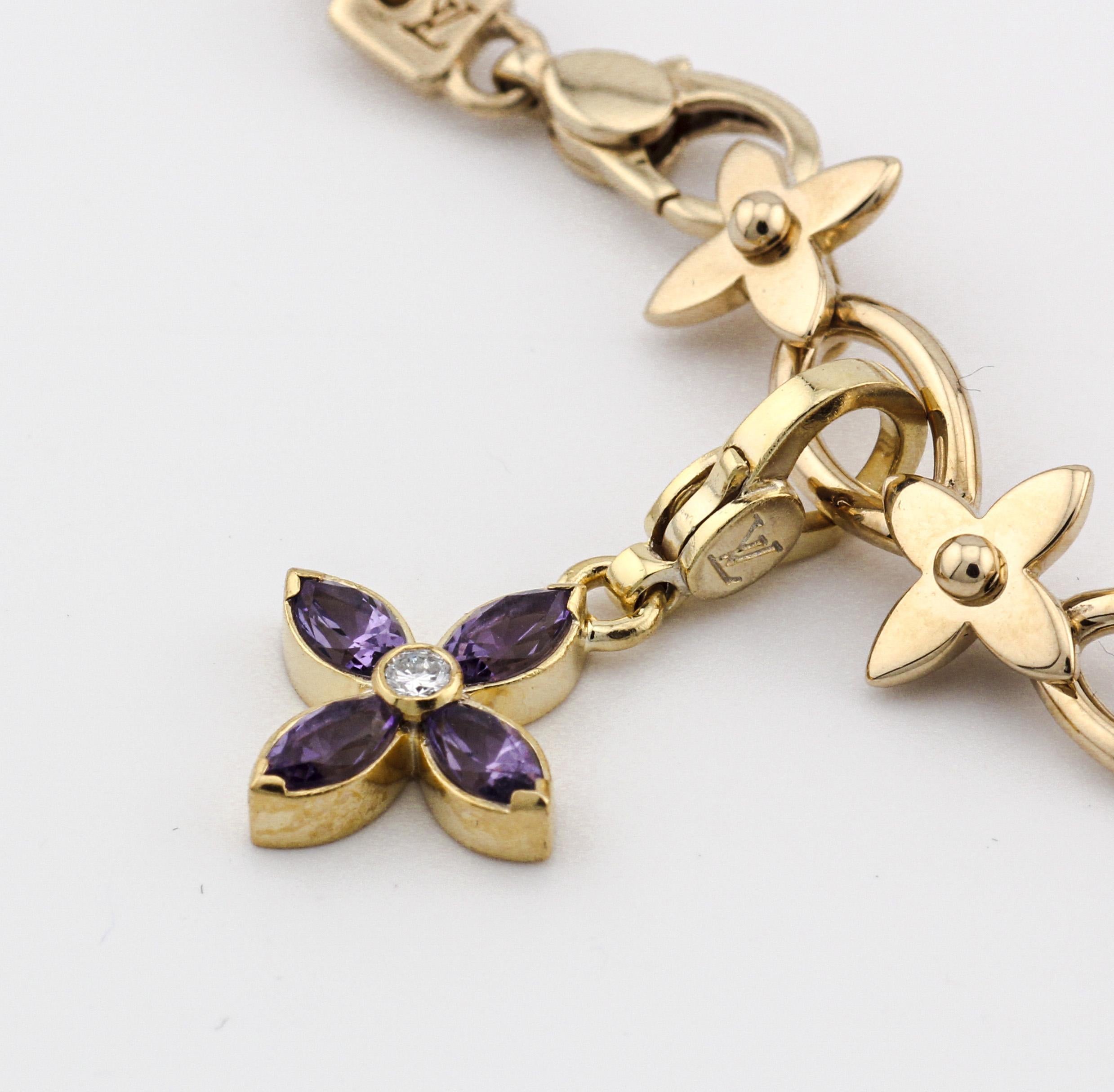Louis Vuitton Diamond Amethyst 18K Yellow Gold Charm Bracelet In Good Condition In Simpsonville, SC