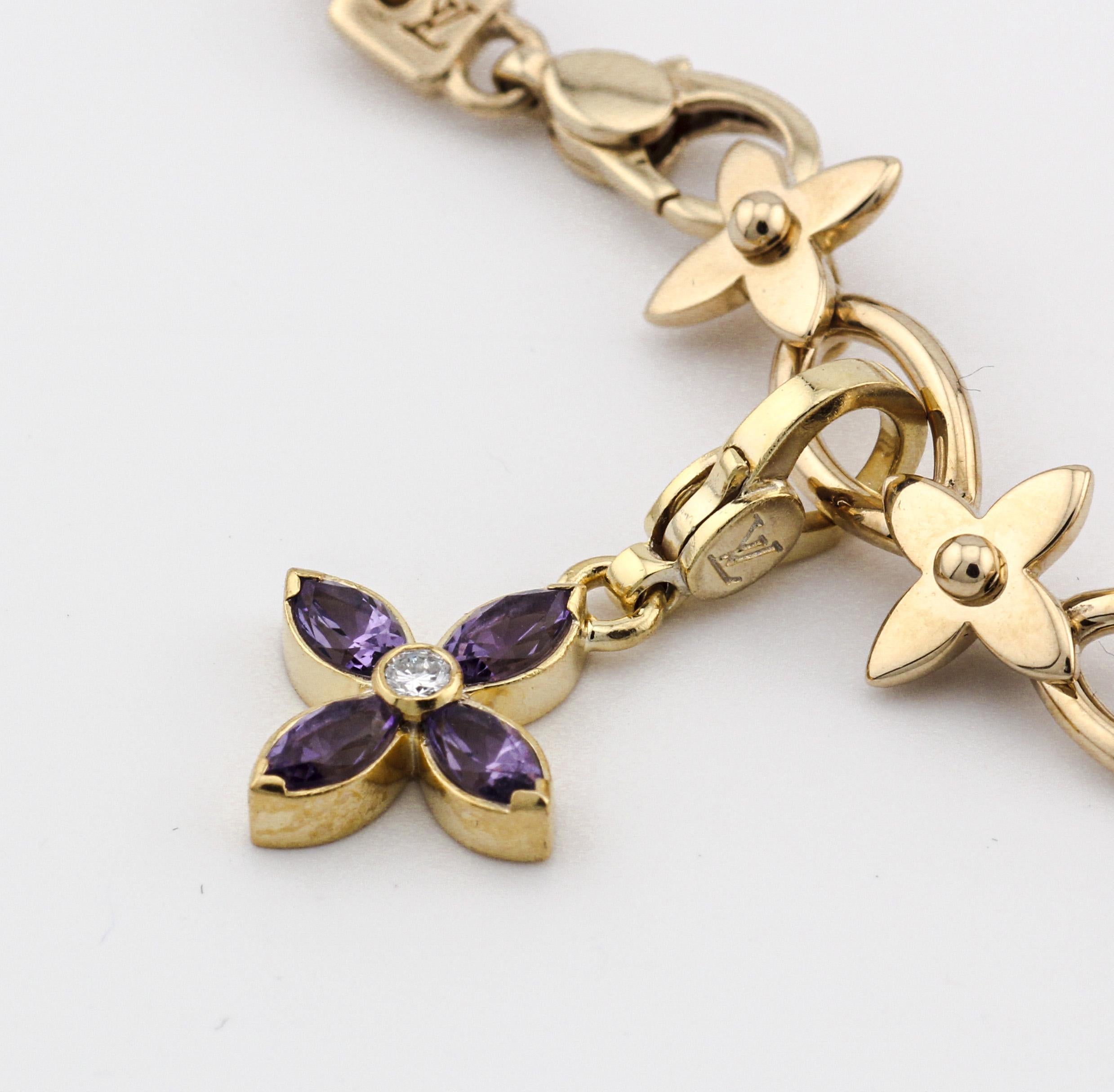 Louis Vuitton Diamond Amethyst 18K Yellow Gold Charm Bracelet For Sale 2