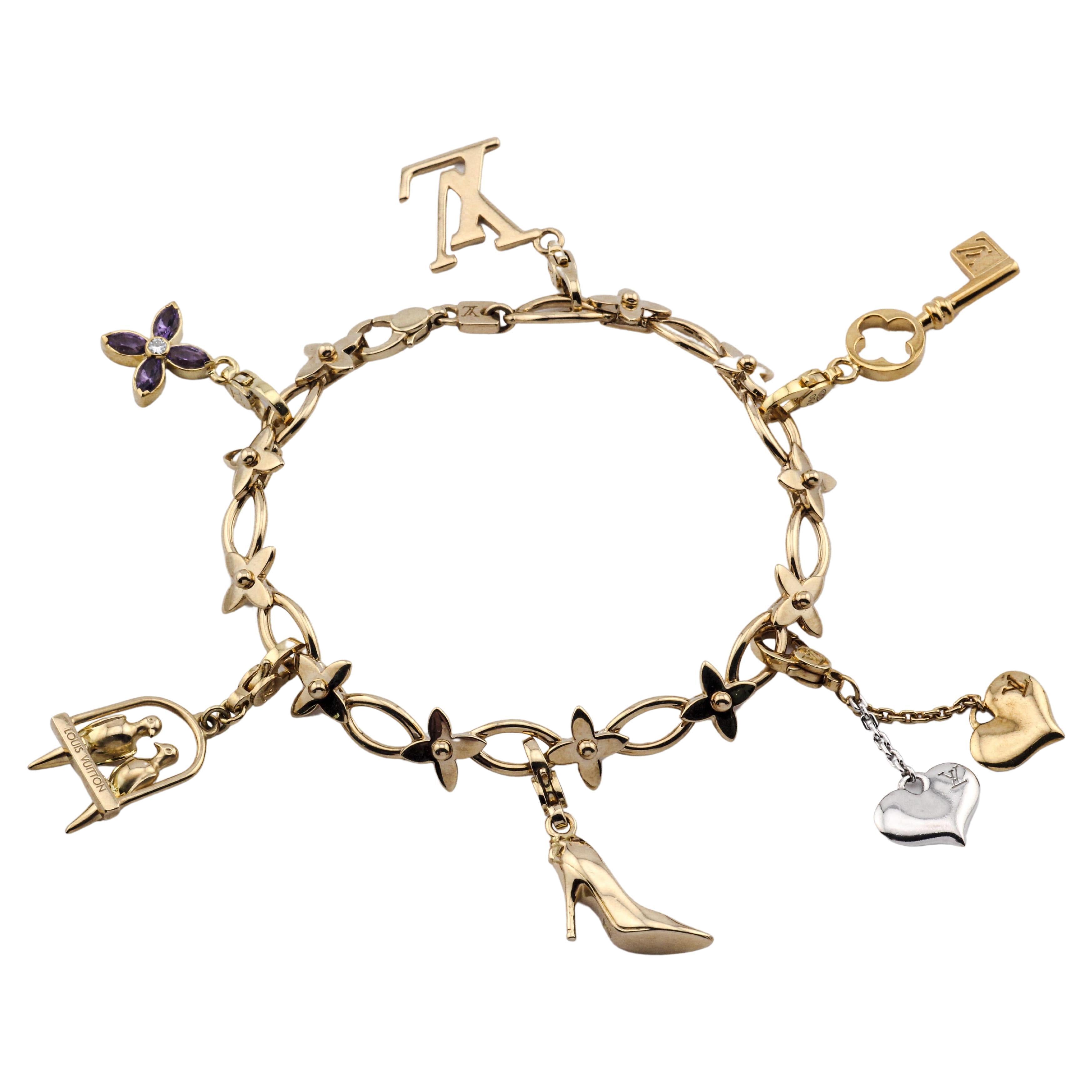 Louis Vuitton Diamond Amethyst 18K Yellow Gold Charm Bracelet For Sale