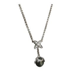 Louis Vuitton Diamond Black Pearl White Gold Pendant on Chain Necklace
