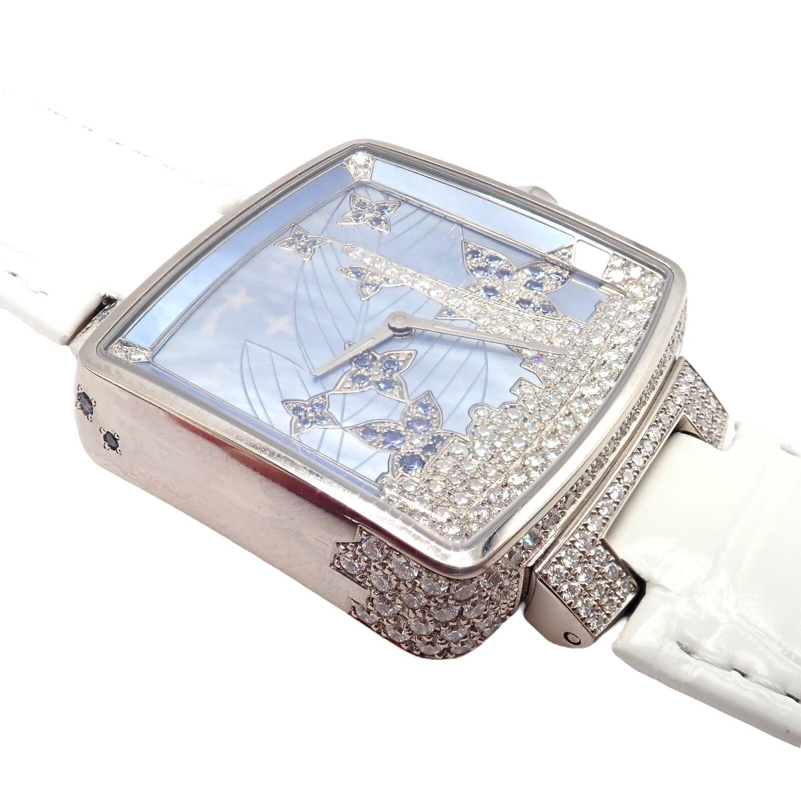Women's or Men's Louis Vuitton Diamond Sapphire Paris 34mm White Gold Ladies Watch Q233E