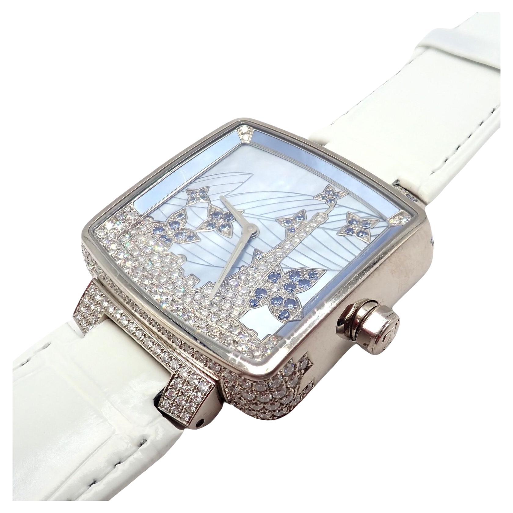 Louis Vuitton Diamond Sapphire Paris 34mm White Gold Ladies Watch Q233E