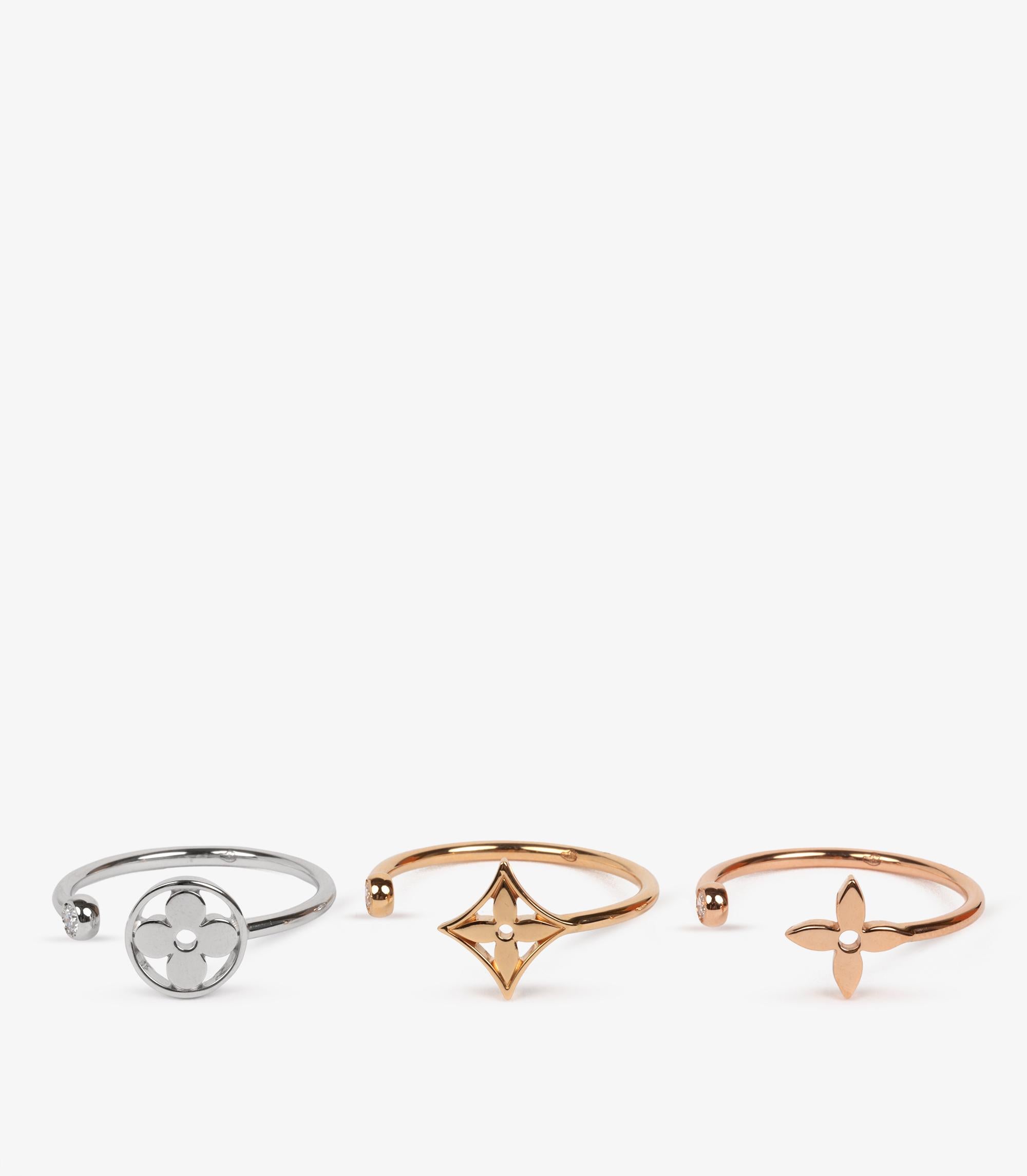 Louis Vuitton  Lot de 3 bagues Idylle Blossom en or blanc 18 ct, or jaune 18 ct et or rose 18 ct serties de diamants

Détails du produit
Xupes Ref : COMJ844
Marque : Louis Vuitton 
Modèle : Bague Idylle Blossom
Type : Anneau
Numéro de série :