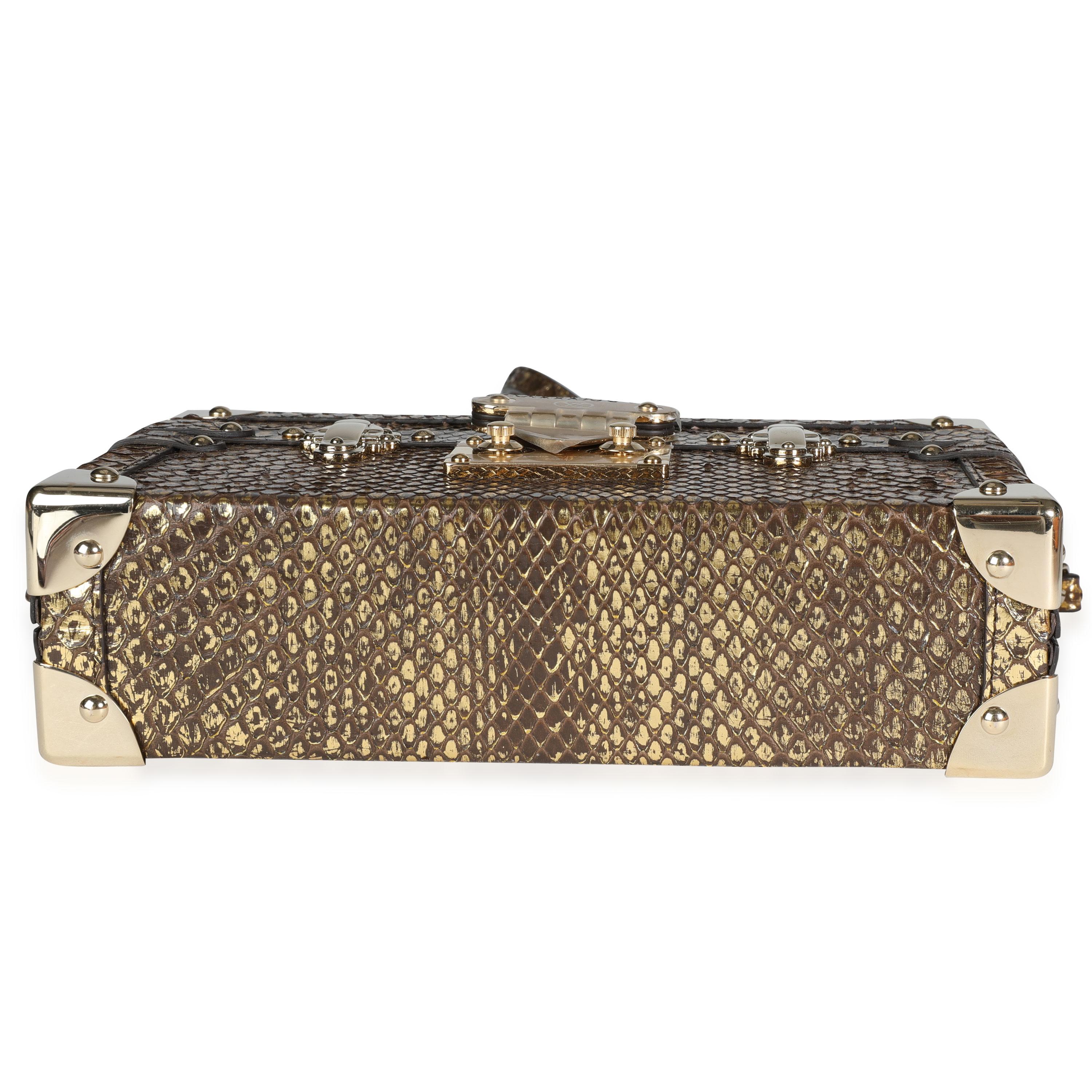Louis Vuitton Distressed Metallic Gold Python Petite Malle In Excellent Condition In New York, NY