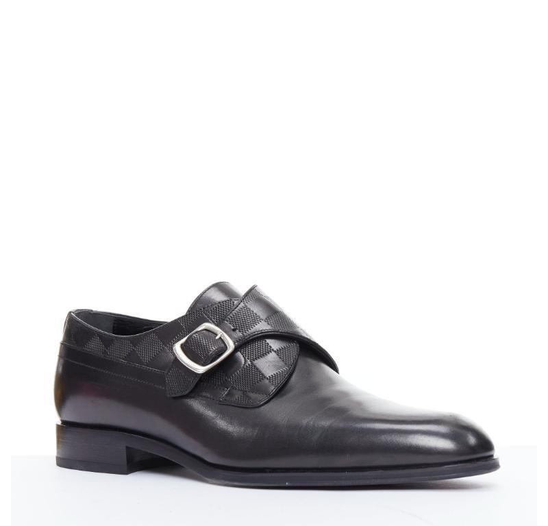 Black LOUIS VUITTON District black Damier check emboss calf buckle monk shoes UK6.5 For Sale