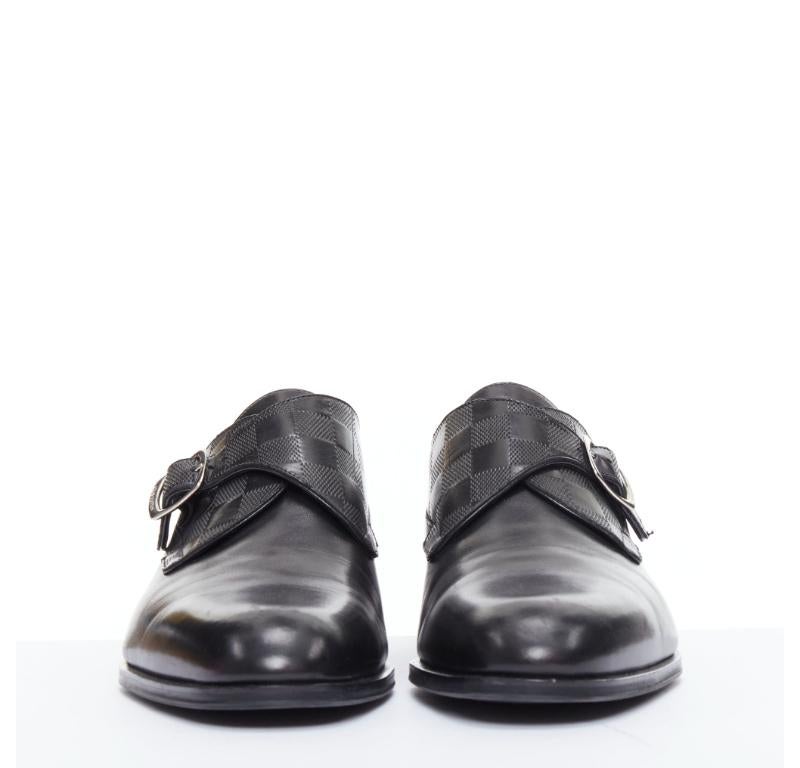 LOUIS VUITTON District black Damier check emboss calf buckle monk shoes UK6.5 In Good Condition For Sale In Hong Kong, NT