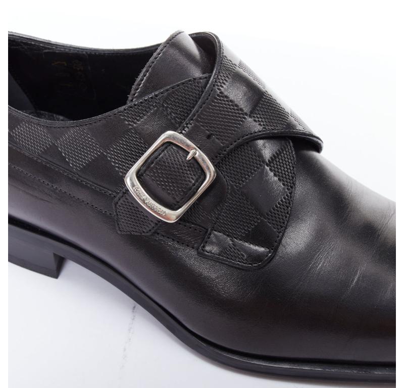 LOUIS VUITTON District black Damier check emboss calf buckle monk shoes UK6.5 For Sale 3