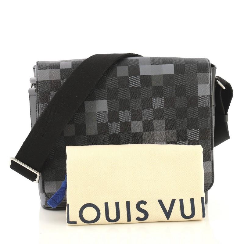 This Louis Vuitton District NM Messenger Bag Limited Edition Damier Graphite Pixel PM, crafted from damier graphite pixel coated canvas, features an adjustable textile shoulder strap, leather trim, and silver-tone hardware. Its flap opens to a black