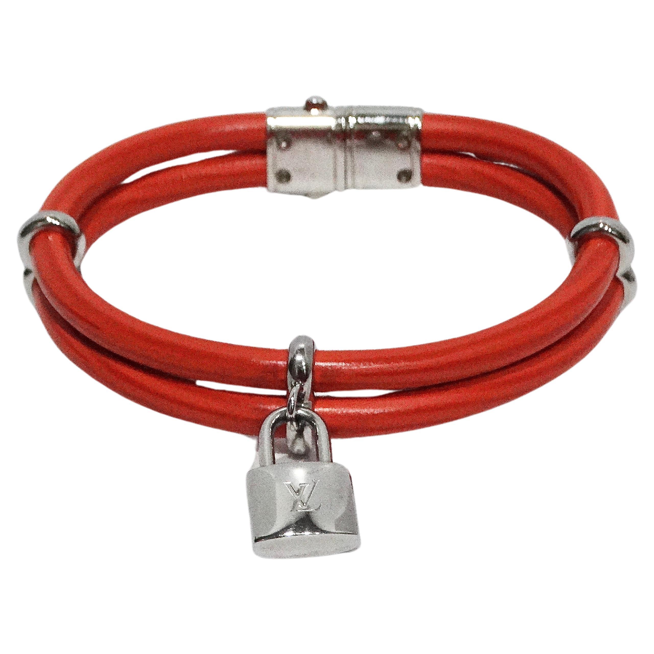 Louis Vuitton Double Leather Chord Bracelet and LV Silver Lock Charm