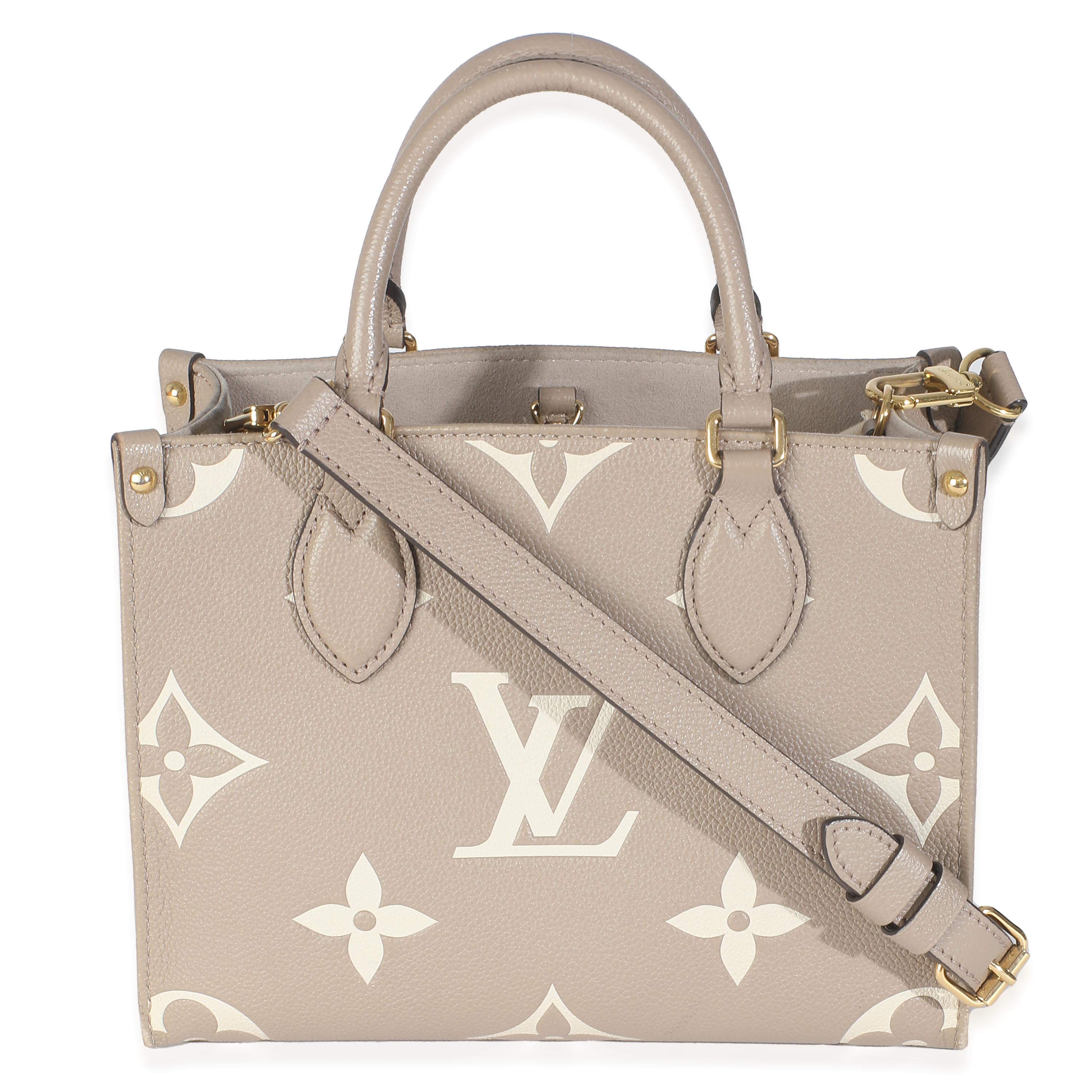 Listing Title: Louis Vuitton Dove Cream Monogram Empreinte Onthego PM
SKU: 146221
Condition: Pre-owned 
Condition Description: This bag says it all. The Onthego bag from Louis Vuitton is designed for busy lifestyles. Topped with two Toron handles