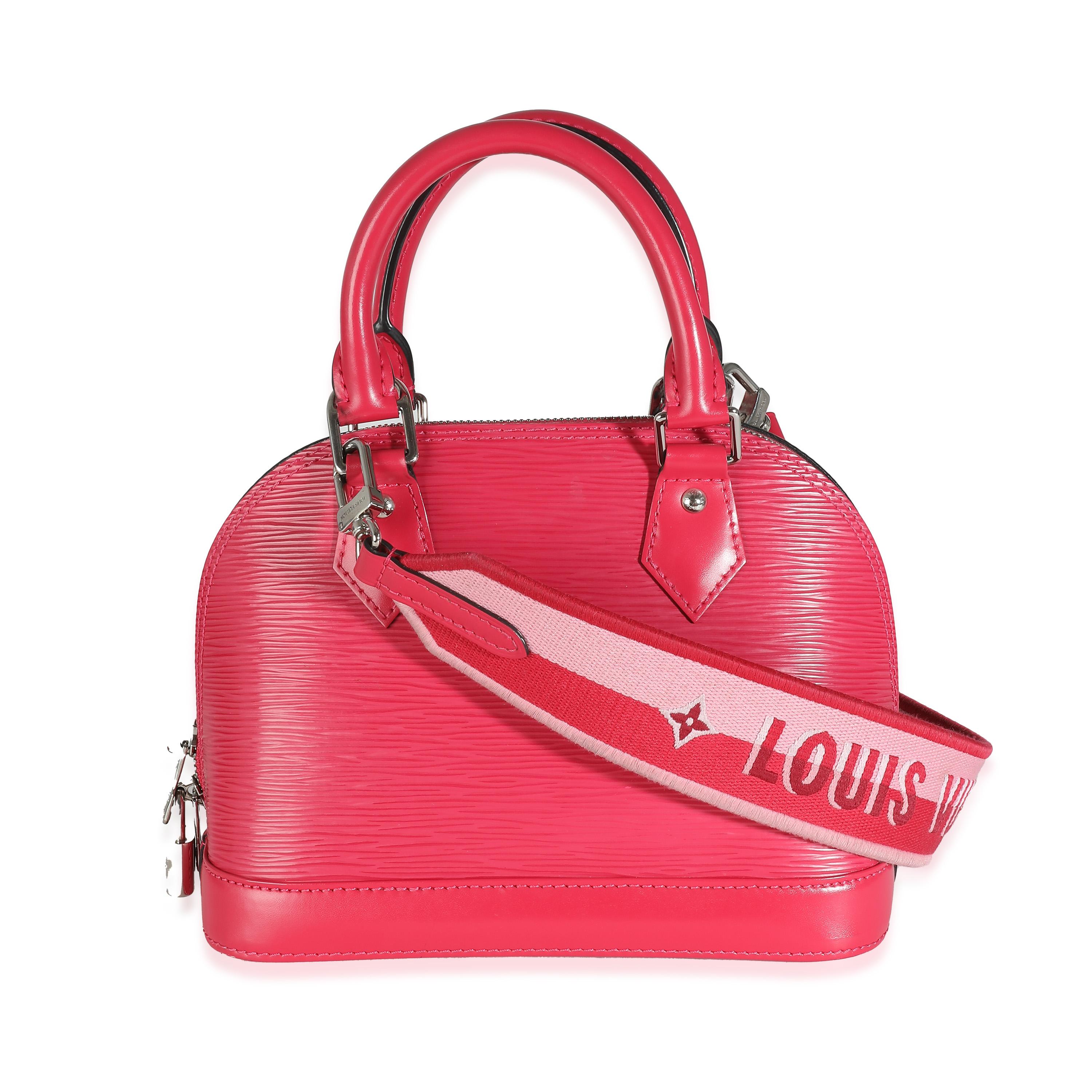 Listing Title: Louis Vuitton Dragon Fruit Epi Alma BB
SKU: 138462
MSRP: 2370.00 USD
Condition: Pre-owned 
Condition Description: Introduced in 1992, the history of the Alma bag from Louis Vuitton actually goes back way further in time. The tote bag