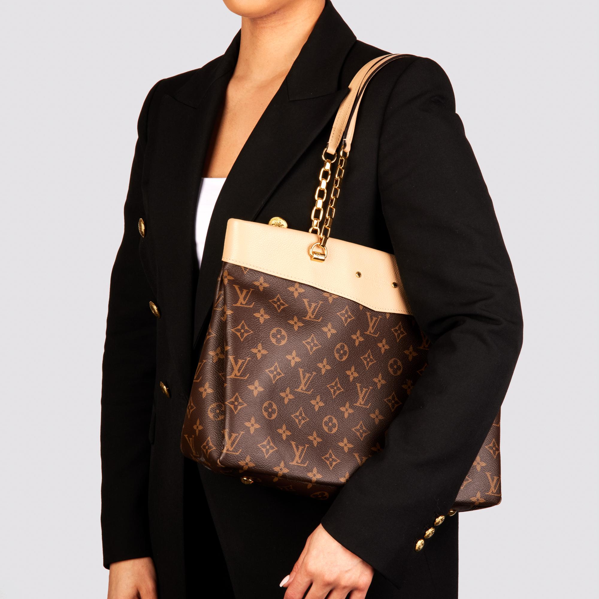 Louis Vuitton Dune Calfskin Leather & Brown Monogram Pallas Shopper For Sale 7