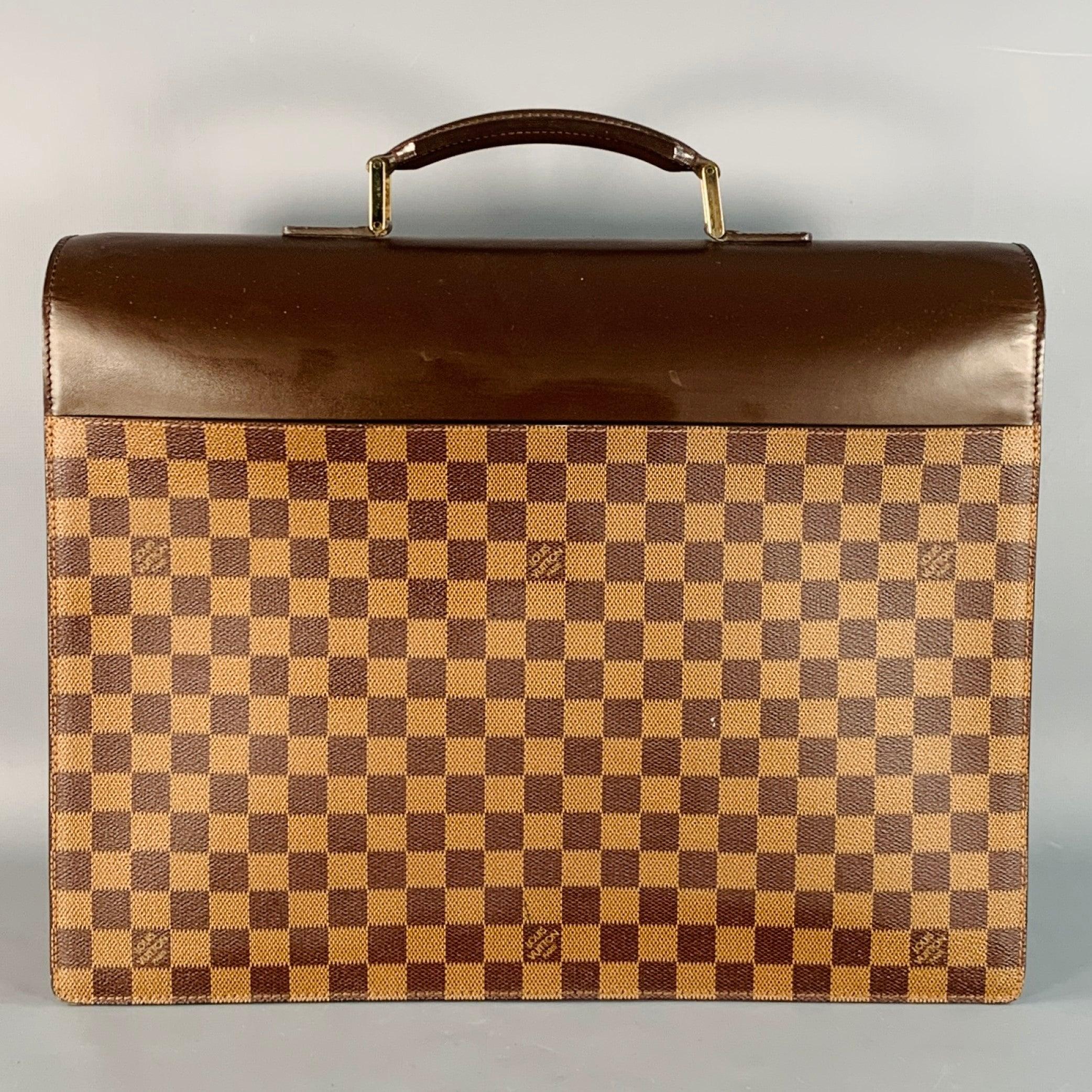 Men's LOUIS VUITTON Ebene Brown Beige Damier Leather Coated Canvas Briefcase Bag For Sale