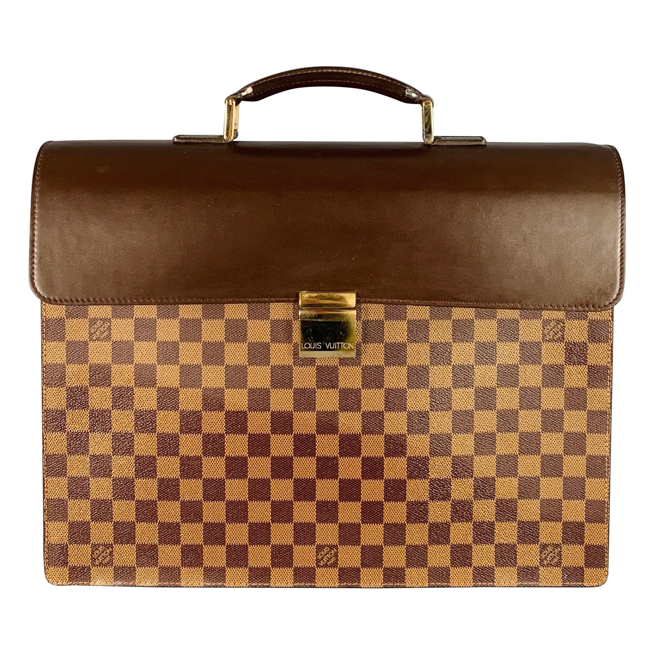 LOUIS VUITTON Ebene Brown Beige Damier Leather Coated Canvas Briefcase Bag For Sale