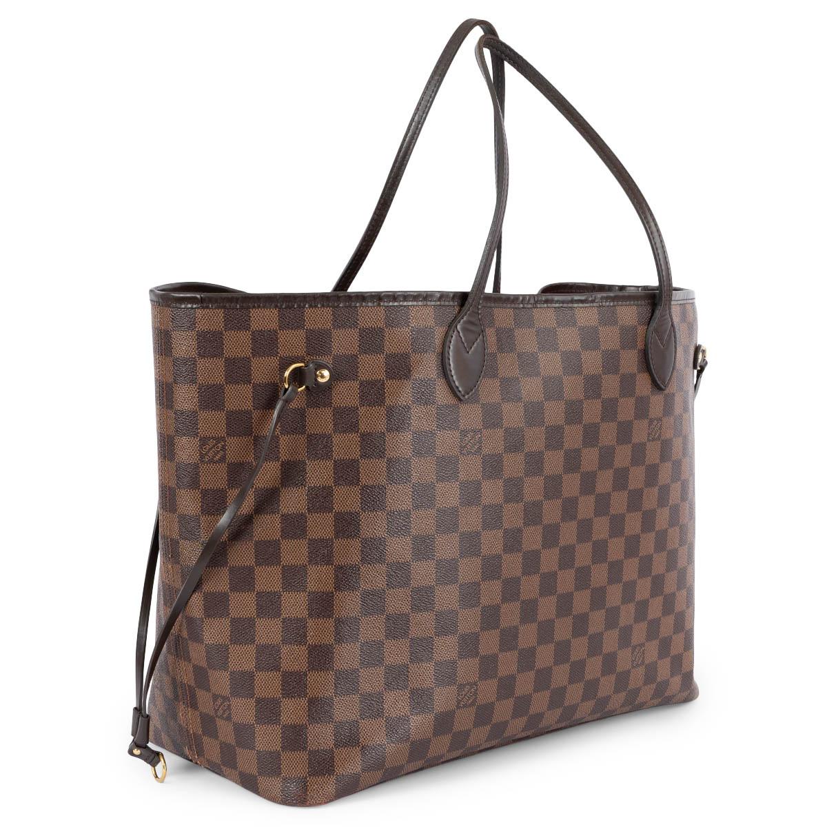 100% authentic Louis Vuitton Neverfull GM shopper in Damier Ebene coated canvas with brown leather trim. Lined in red striped canvas with one zipper pocket against the back. Comes with a detachable zipper pouch.