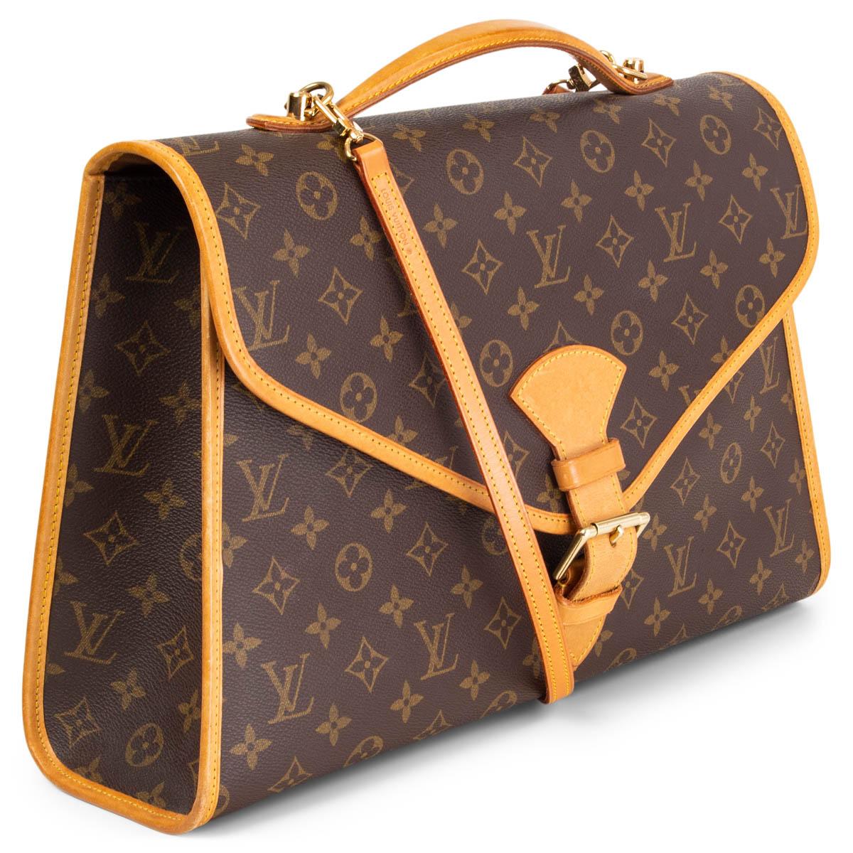 100% authentic Louis Vuitton Beverly GM briefcase shoulder bag in monogram canvas with natural leather trim. Vintage 1993. Opens with a gold-tone metal buckle at front and is lined in brown canvas with one zipper pocket against the back. Comes with