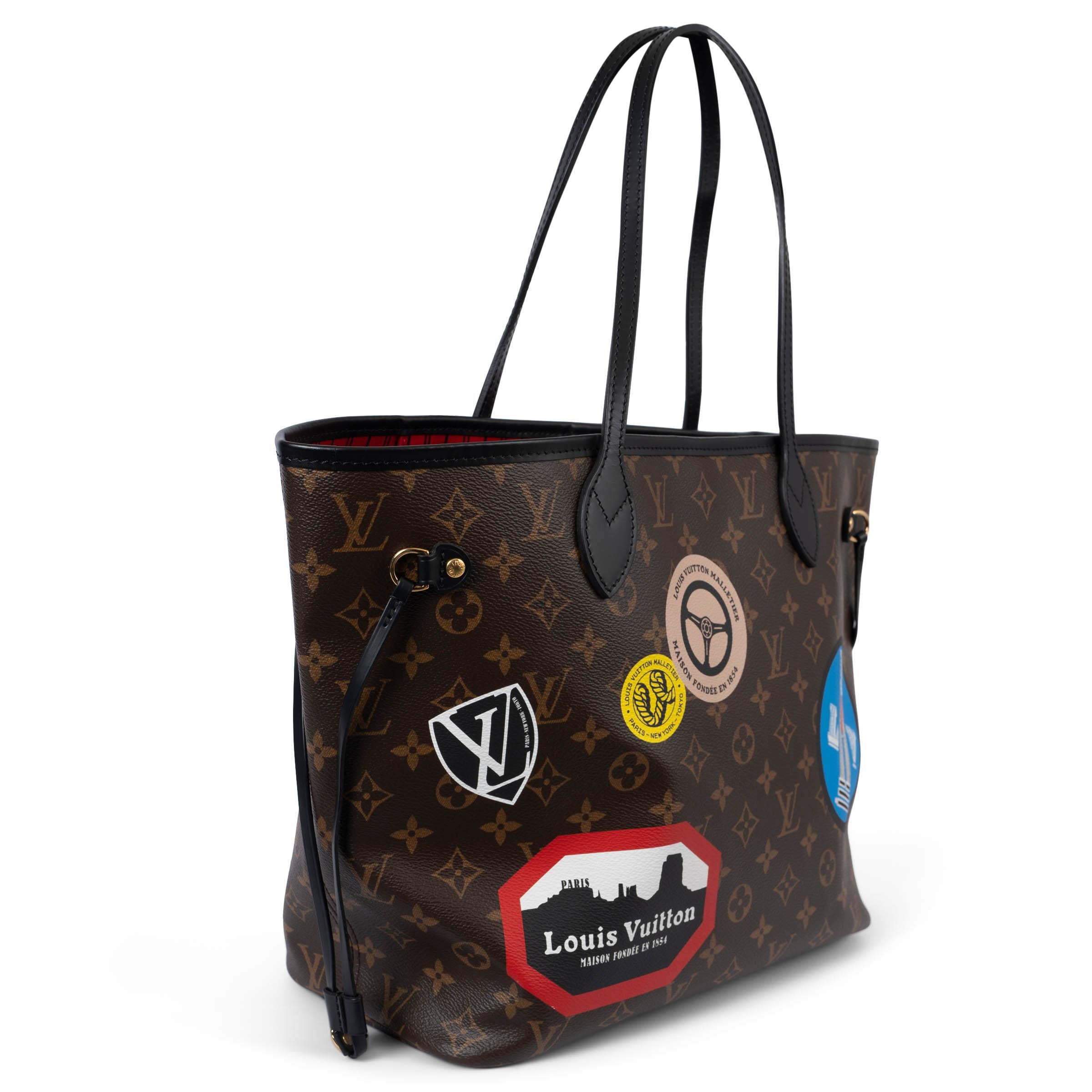 Louis Vuitton Neverfull MM in Ebene brown Monogram World Tour canvas. Features sticker print and black leather trims. Closes with a dog-hook on top and is lined in red canvas with a zipper pocket and matching detachble zip pouch. Has been carried