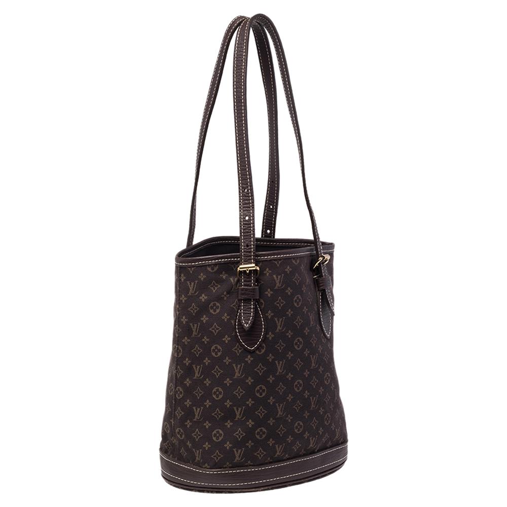 Louis Vuitton Ebene Monogram Mini Lin Canvas Bucket Bag im Zustand „Gut“ in Dubai, Al Qouz 2