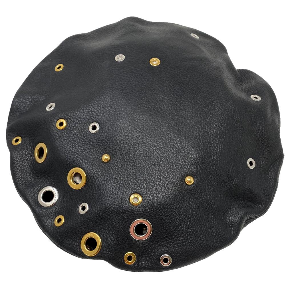 Louis Vuitton Embellished Grommets Black Leather Beret Hat With Box  For Sale