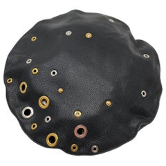Louis Vuitton Embellished Grommets Black Leather Beret Hat With Box 