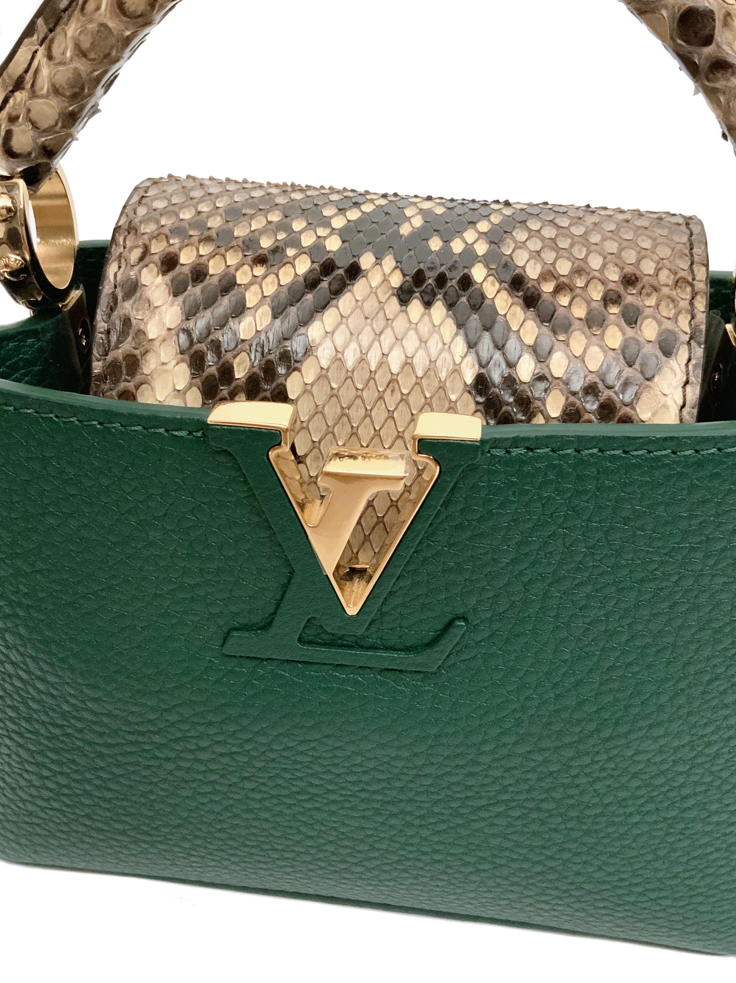 Black Louis Vuitton Emeraude Green Leather and Python Skin Capucines Mini Bag