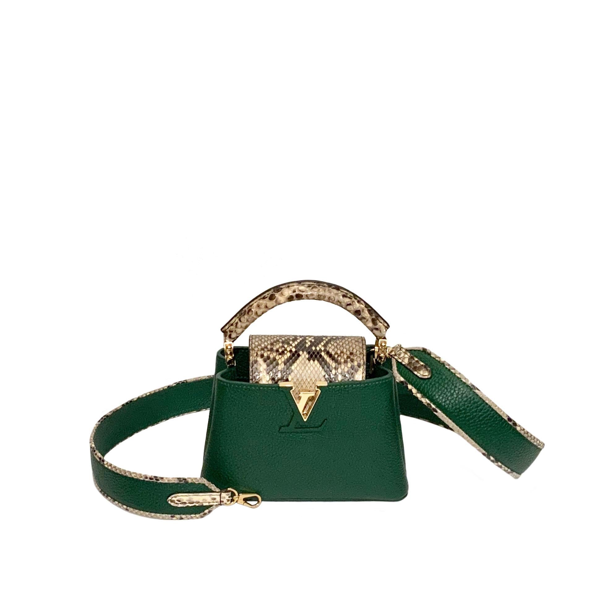 Louis Vuitton Emeraude Green Leather and Python Skin Capucines Mini Bag In Excellent Condition In Geneva, CH