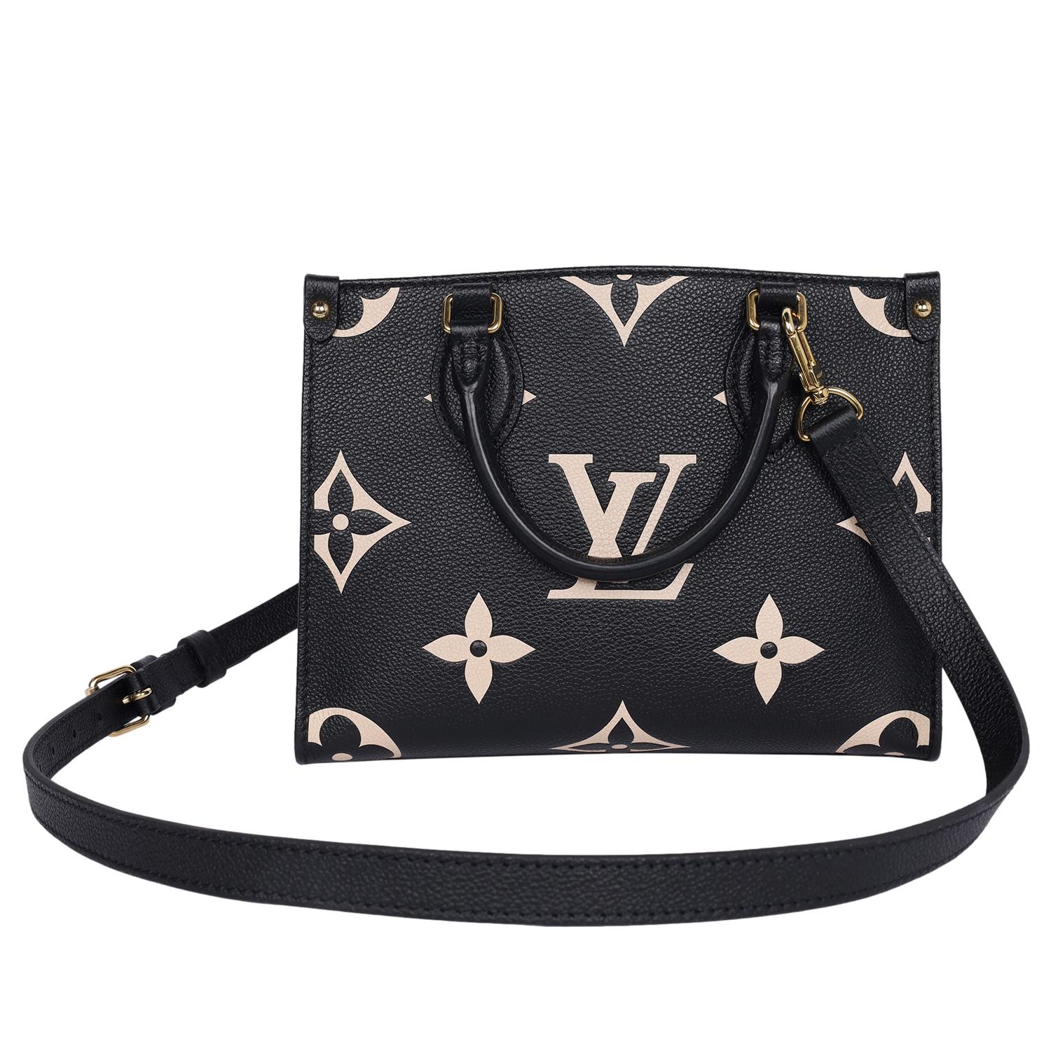 Authentic Louis Vuitton limited edition giant logo monogram Onthego PM in black and beige. Features monogram giant coated canvas, brass hardware, dual rolled top handles, flat shoulder crossbody strap that is adjustable, microfiber lining, three