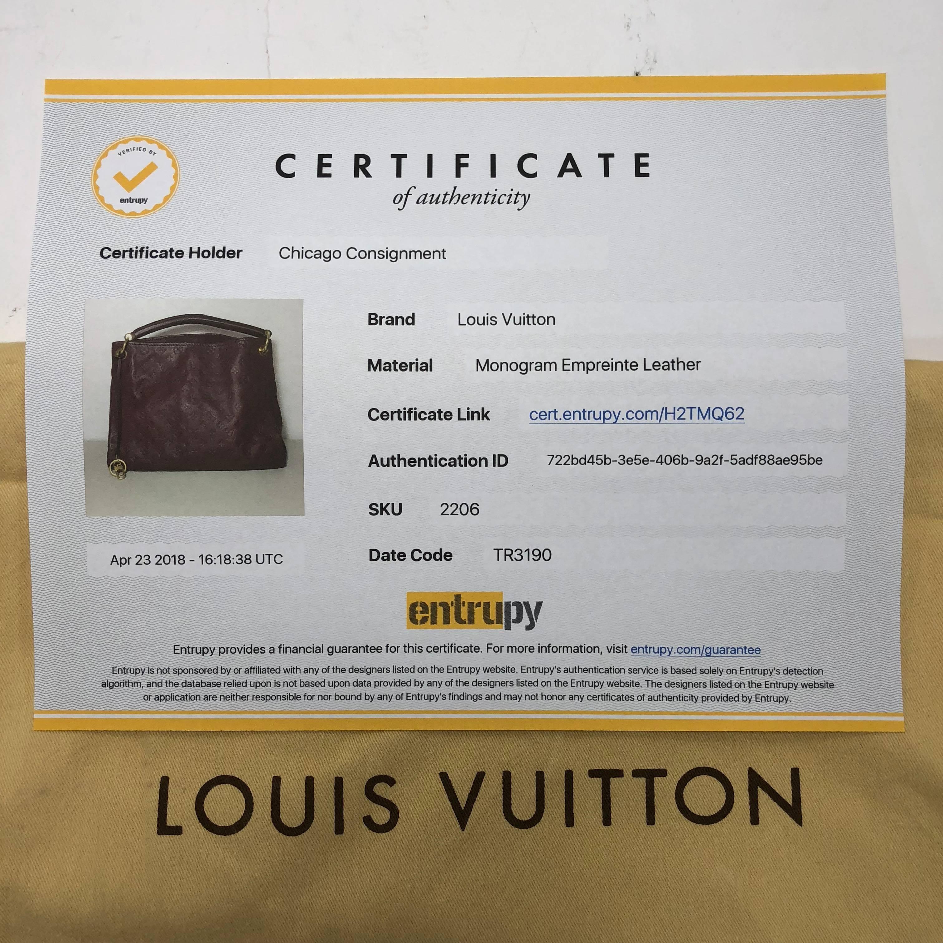 MODEL - Louis Vuitton Empriente Artsy MM in Raisin

CONDITION - Exceptional. No visible signs of wear.

SKU - 2206

ORIGINAL RETAIL PRICE - 3150 + tax

DATE/SERIAL CODE - TR3190

ORIGIN - France

PRODUCTION - 2010

DIMENSIONS - L16.5 x H12.6 x