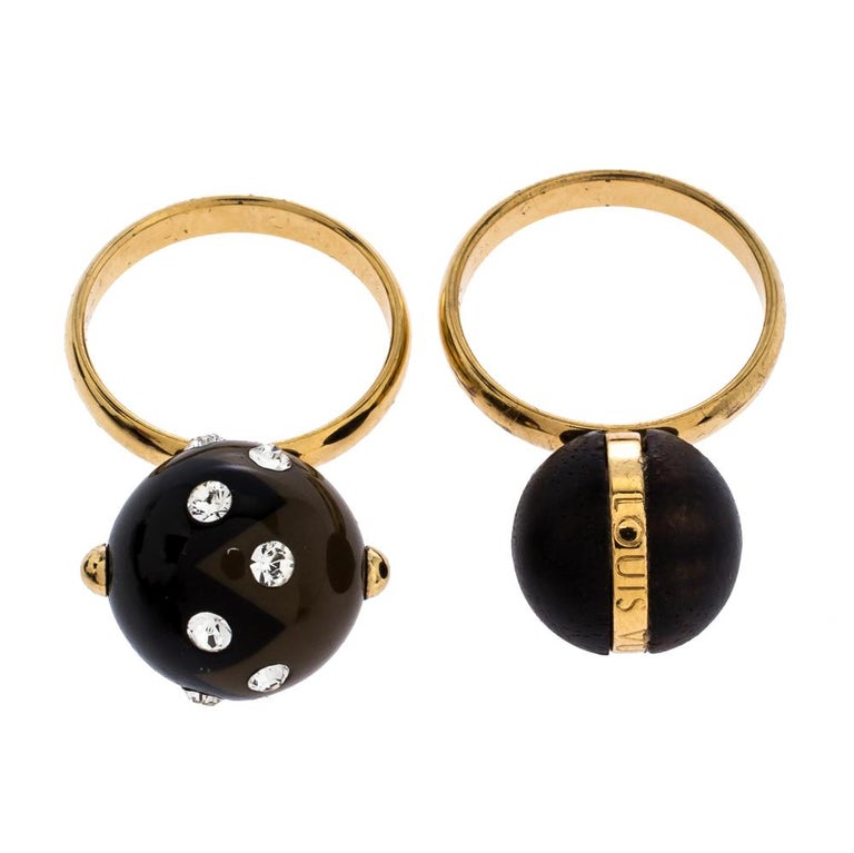 Louis Vuitton Enamel Crystal and Wooden Ball Gold Tone Set of Two Rings