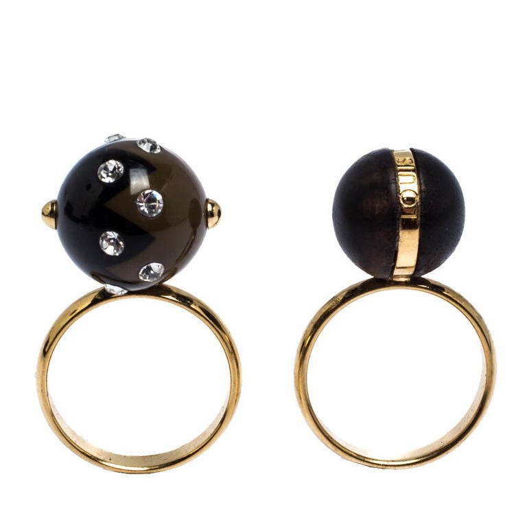 Louis Vuitton Enamel Crystal and Wooden Ball Gold Tone Set of Two Rings