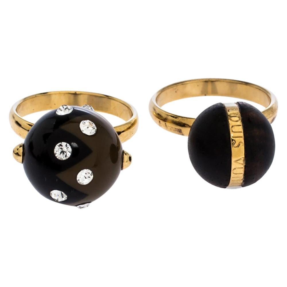 Louis Vuitton Enamel Crystal & Wooden Ball Gold Tone Set of Two Rings M