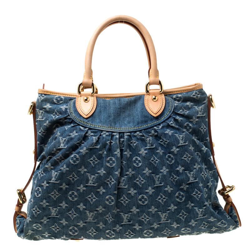 Louis Vuitton's handbags are high on style and craftsmanship, making them valuable creations of luxury. This Neo Cabby bag, like all the other handbags, is durable and stylish. Crafted from denim fabric, the bag comes with two leather handles. It is