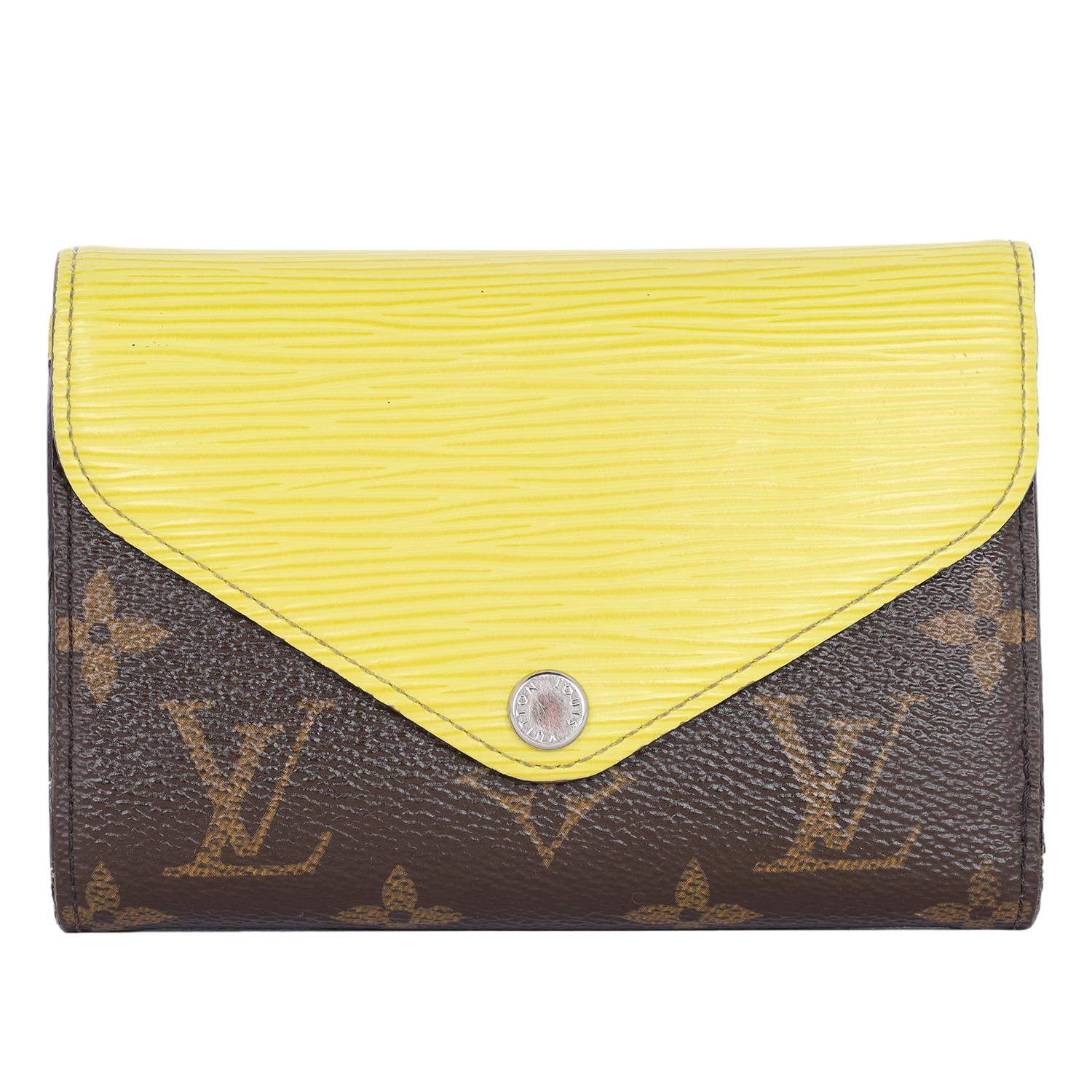 Authentic, pre-loved Louis Vuitton Marie-Lou Compact Epi Monogram Wallet in Pistache yellow. Features a beautiful yellow epi leather with traditional Louis Vuitton monogram coated canvas. The top flap unsnaps to a cross grain leather and monogram