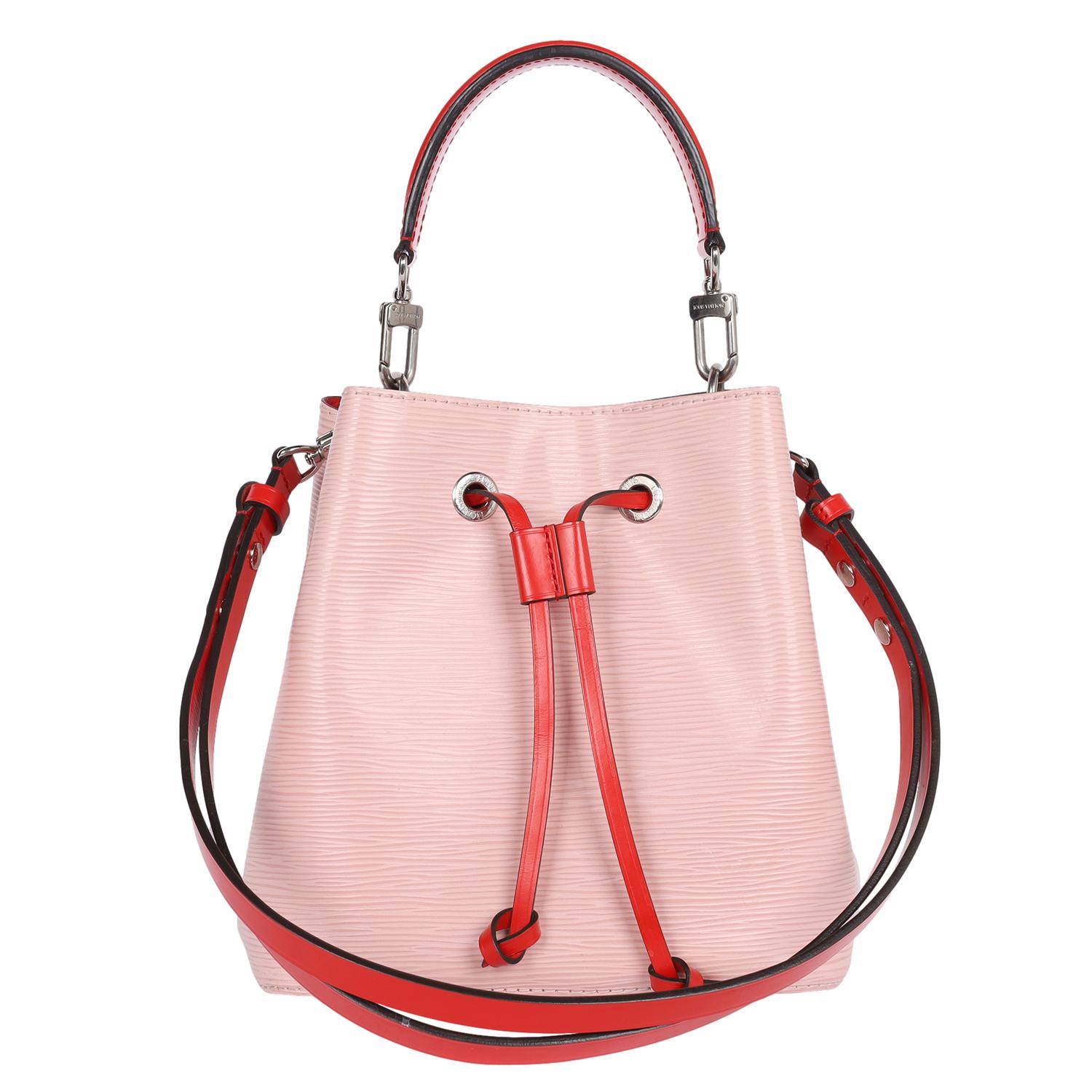 Authentic Louis Vuitton Epi Leather Neonoe shoulder bag in rose ballerine and red. Features Epi leather exterior, leather handle, adjustable strap to be a cross-body or shoulder bag tote, microfiber interior with snap pocket in the middle, and