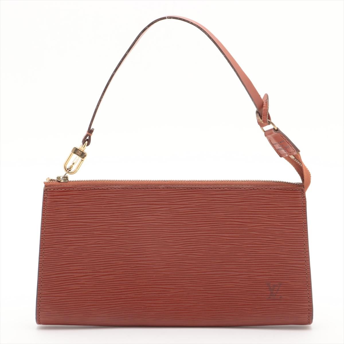 The Louis Vuitton Epi Pochette Accessoires in Brown is a sleek and timeless mini bag, perfect for elegant everyday wear or evening outings. Crafted from durable and textured Epi leather, the compact yet stylish piece features a subtle LV embossed