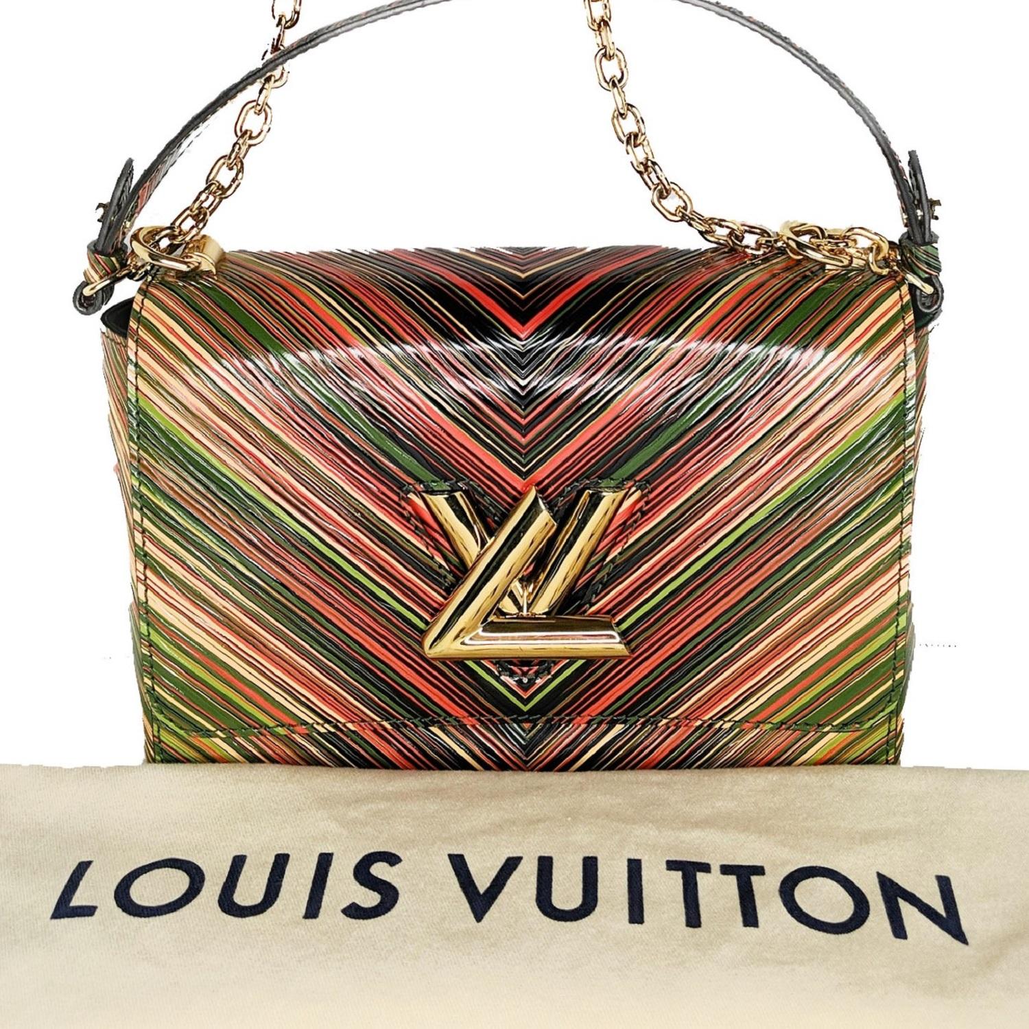 Guaranteed authentic Louis Vuitton! This stylish waist-length cross-body shoulder bag is crafted of textured epi leather in tropical tones. The bag features a gold chain shoulder strap with a leather shoulder strap and a bold shiny gold LV on the
