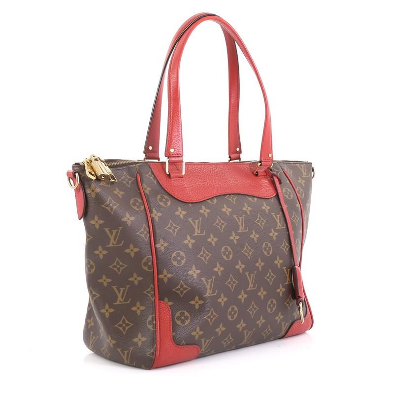 This Louis Vuitton Estrela NM Handbag Monogram Canvas, crafted from brown monogram coated canvas and red leather, features dual flat leather handles, leather trim and gold-tone hardware. Its two-way zip closure opens to a red microfiber interior
