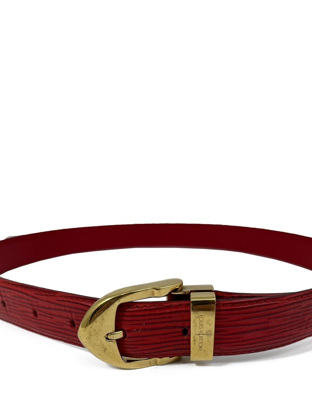 Louis Vuitton red Epi belt with gold buckle. Perfect addition to any outfit.

Additional information:
Size: EU 36
Overall condition: Buckle bears some scratches. Belt has been cut to be made smaller.
