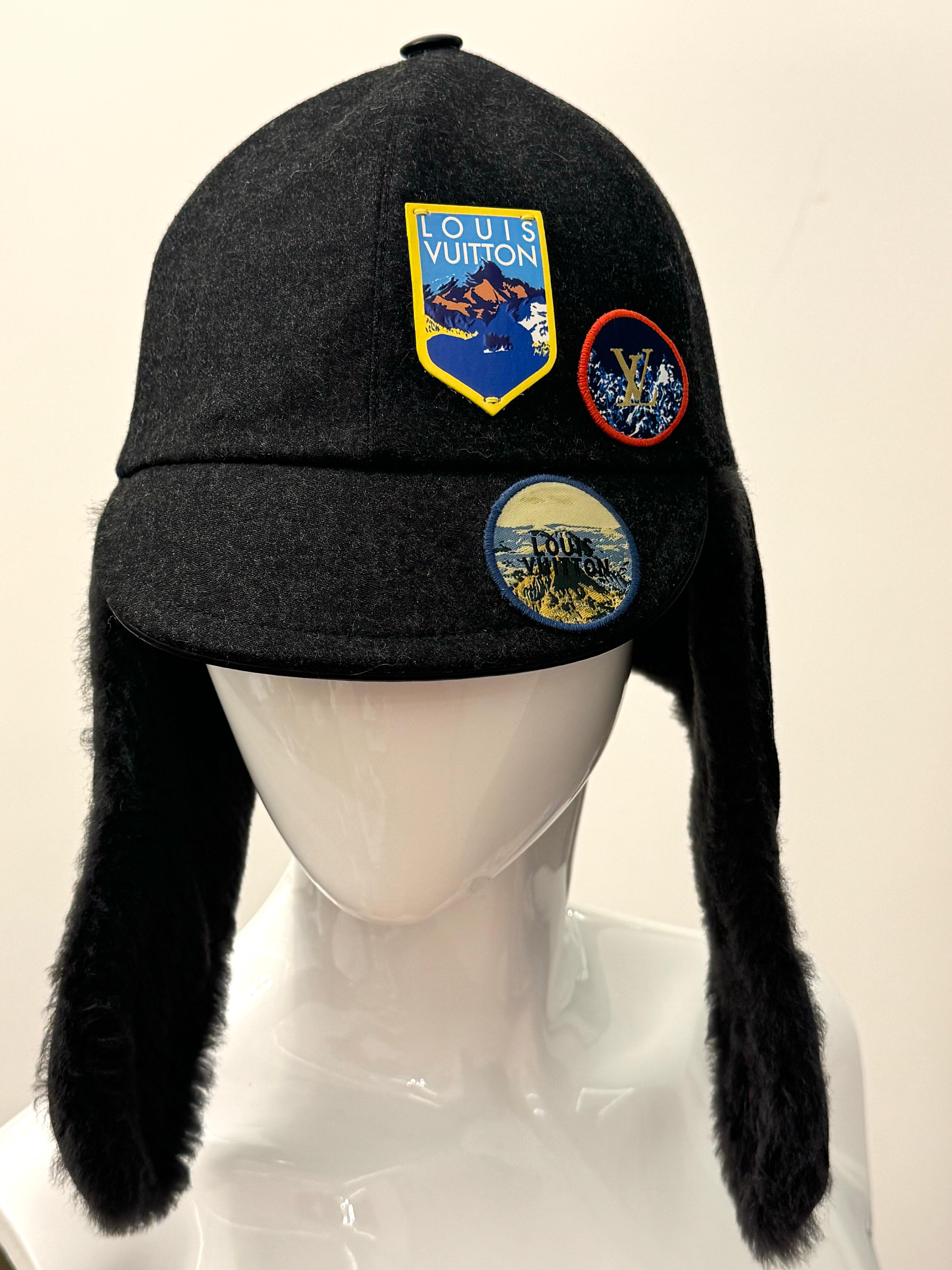 Black Louis Vuitton F/W 2018 limited edition Alpes shearling patch hat For Sale