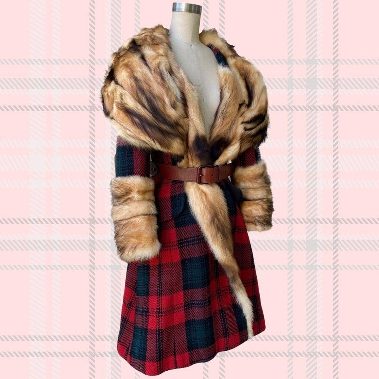 Louis Vuitton Fabulous 60's Mod Red Tartan Coat with Fur Trim F/W 2004 Size  34FR For Sale at 1stDibs