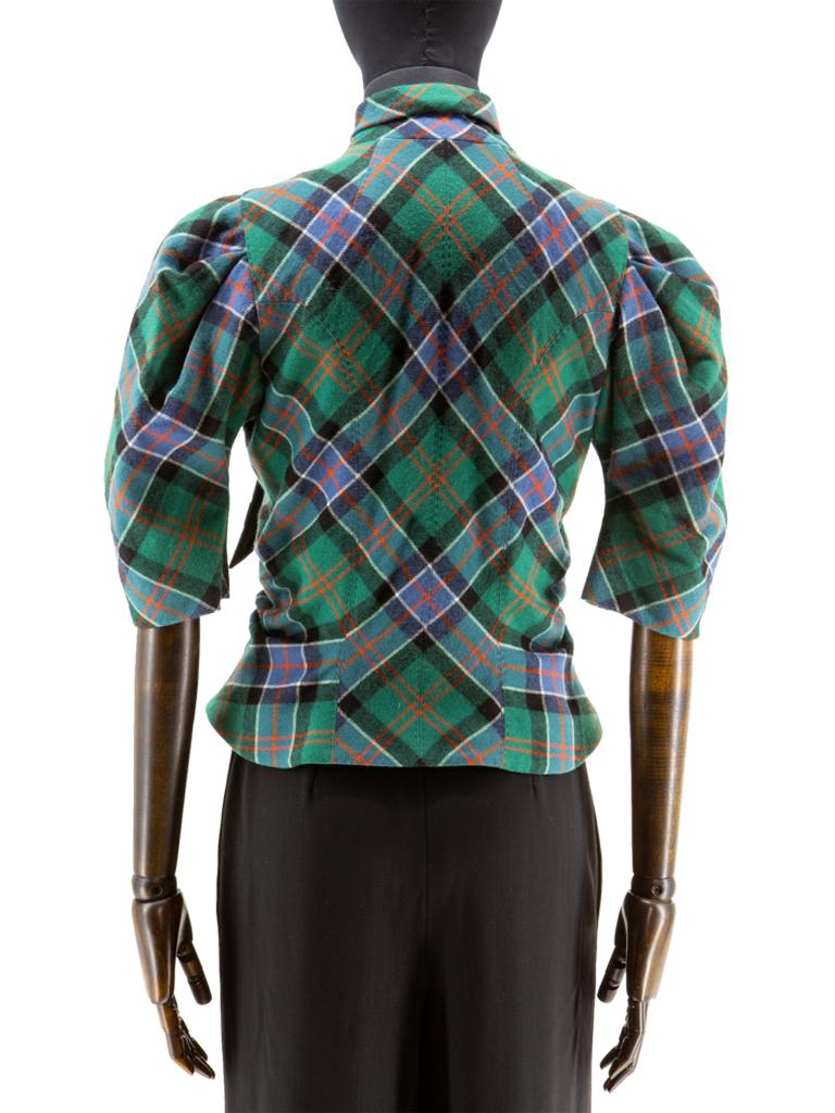 Louis Vuitton (Marc Jacobs era) Tartan fitted top from the fall 2004 runway, with handkerchief tie to the neck. Fastening with hooks and eyes, featuring puff sleeves and tartan placed at an angle and perfectly matched for added interest. 

Fall 2004