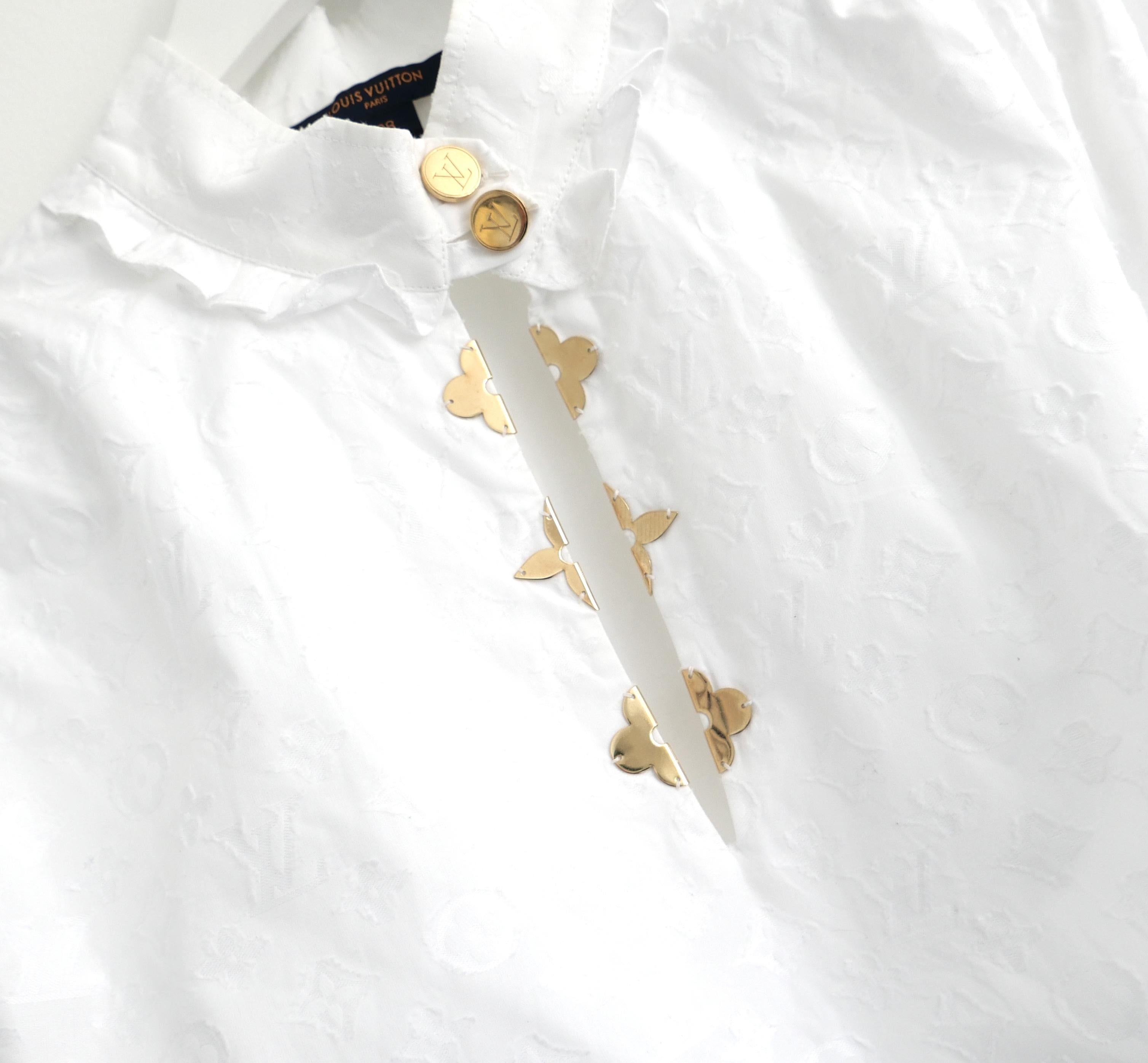 Gray Louis Vuitton Fall 2019 White Monogram Frill Trim Blouse For Sale