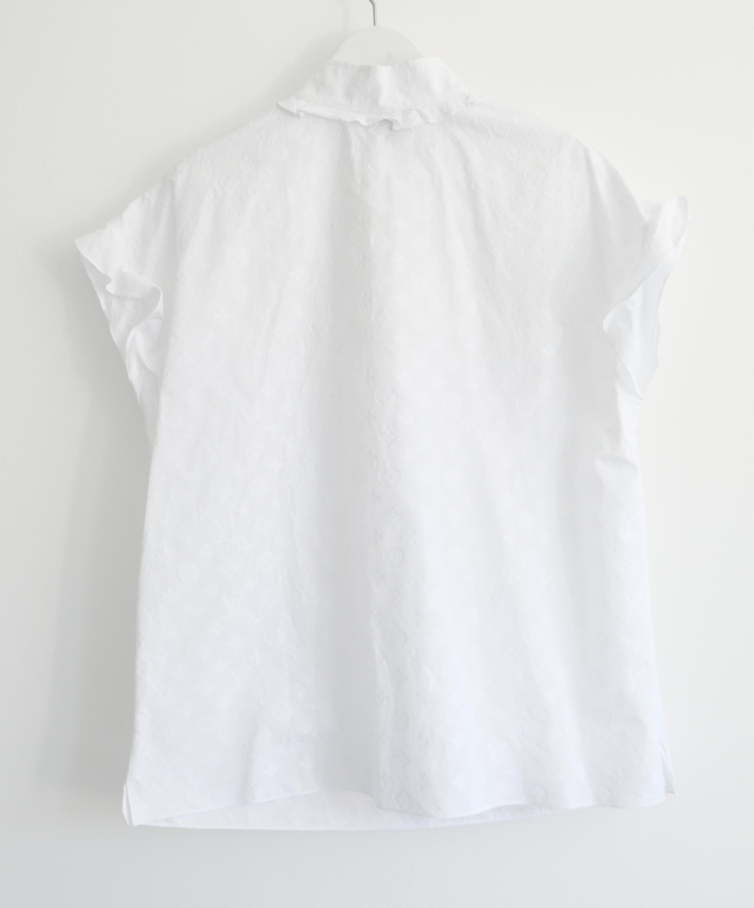 Louis Vuitton Fall 2019 White Monogram Frill Trim Blouse For Sale 2