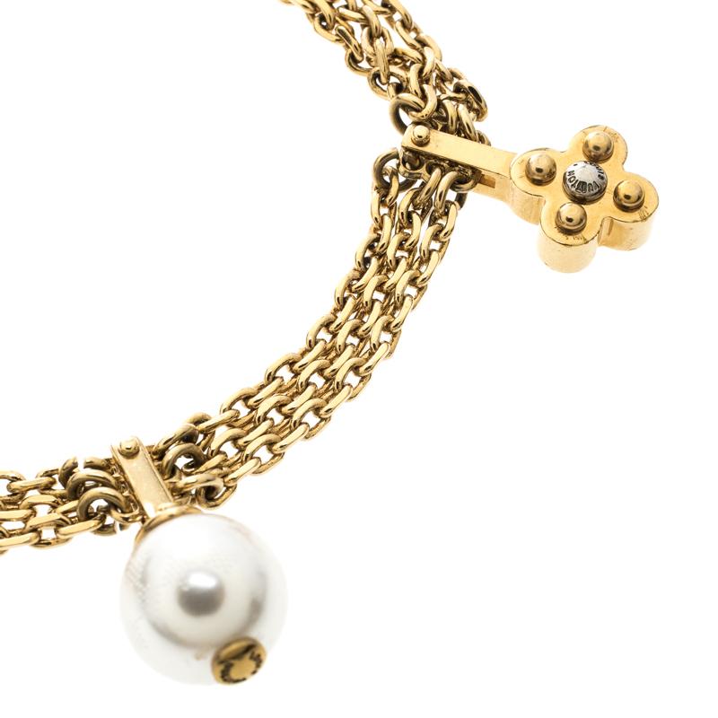 Louis Vuitton Faux Pearl Gold Tone Charm Bracelet 2