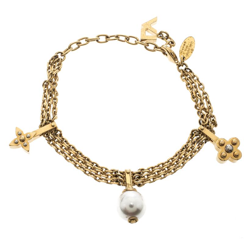 Louis Vuitton Faux Pearl Gold Tone Charm Bracelet