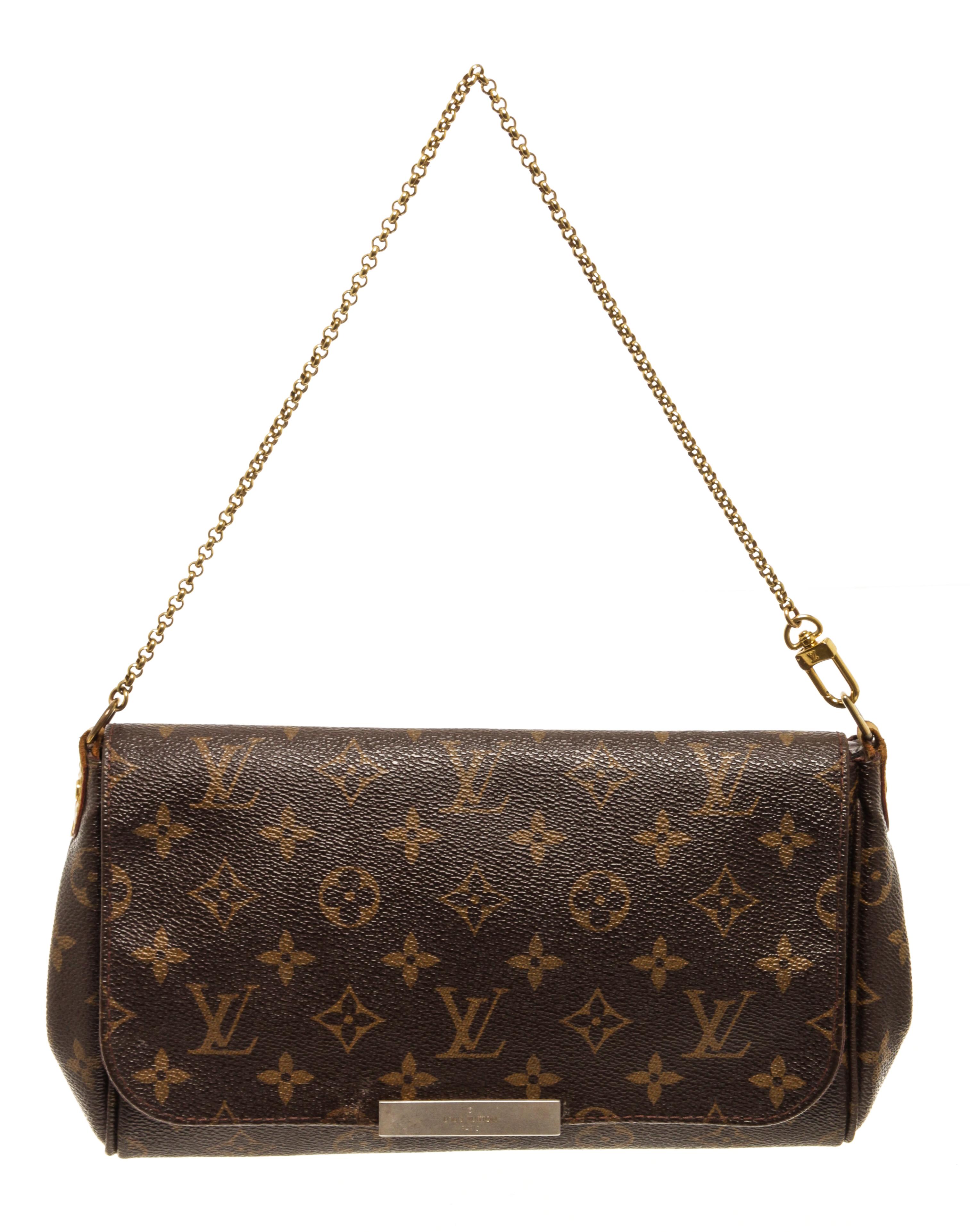 Louis Vuitton Favorite PM Brown Monogram Canvas Cross Body Bag with material Monogram Canvas, gold-tone hardware, interior slip pocket, burgundy canvas lining, Removeable chain strap and long leather shoulder strap and flap closure.

74960MSC.