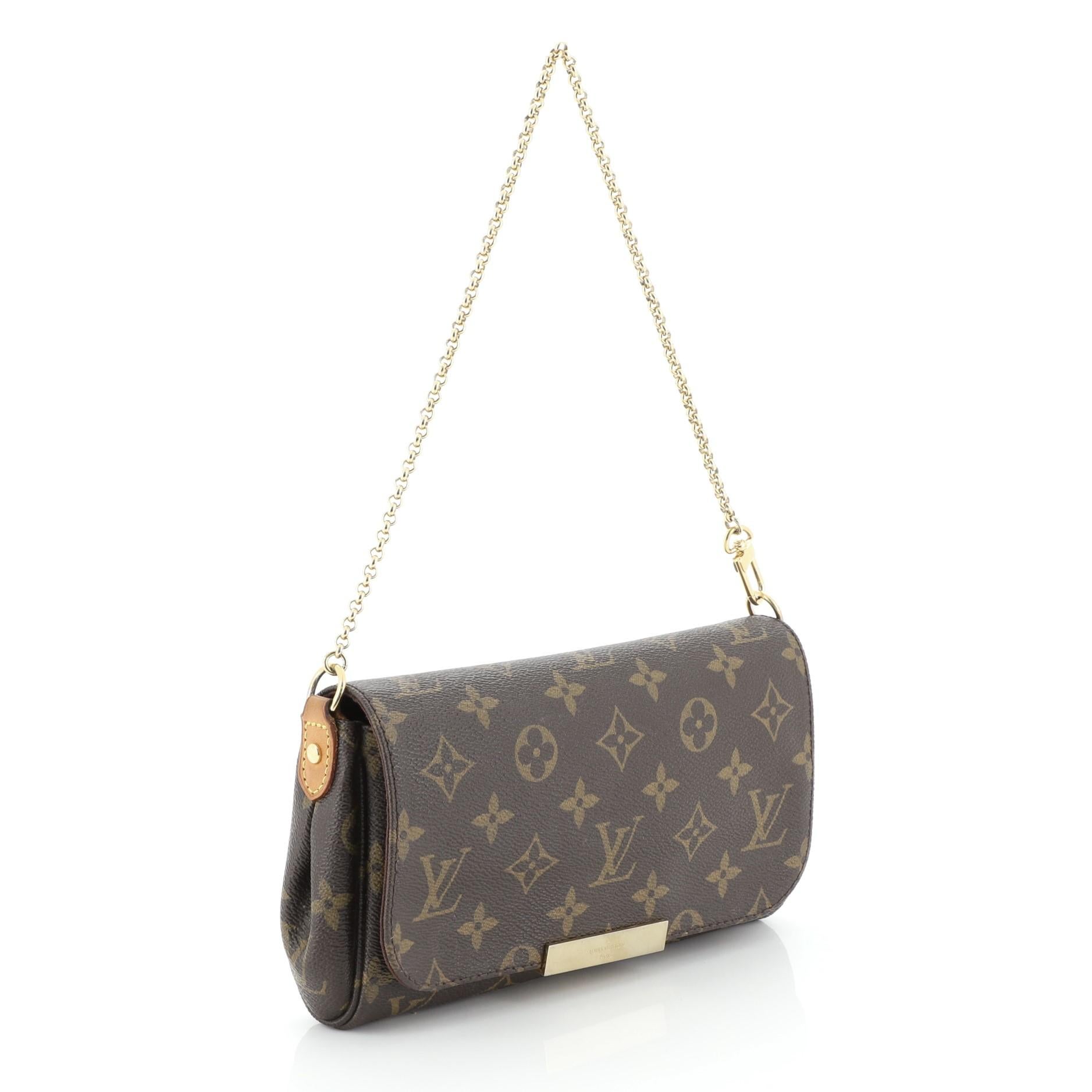 This Louis Vuitton Favorite Handbag Monogram Canvas PM, crafted from brown monogram coated canvas, features flat leather strap, chain strap, LV plated logo, and gold-tone hardware. Its hidden magnetic closure opens to a brown fabric interior with
