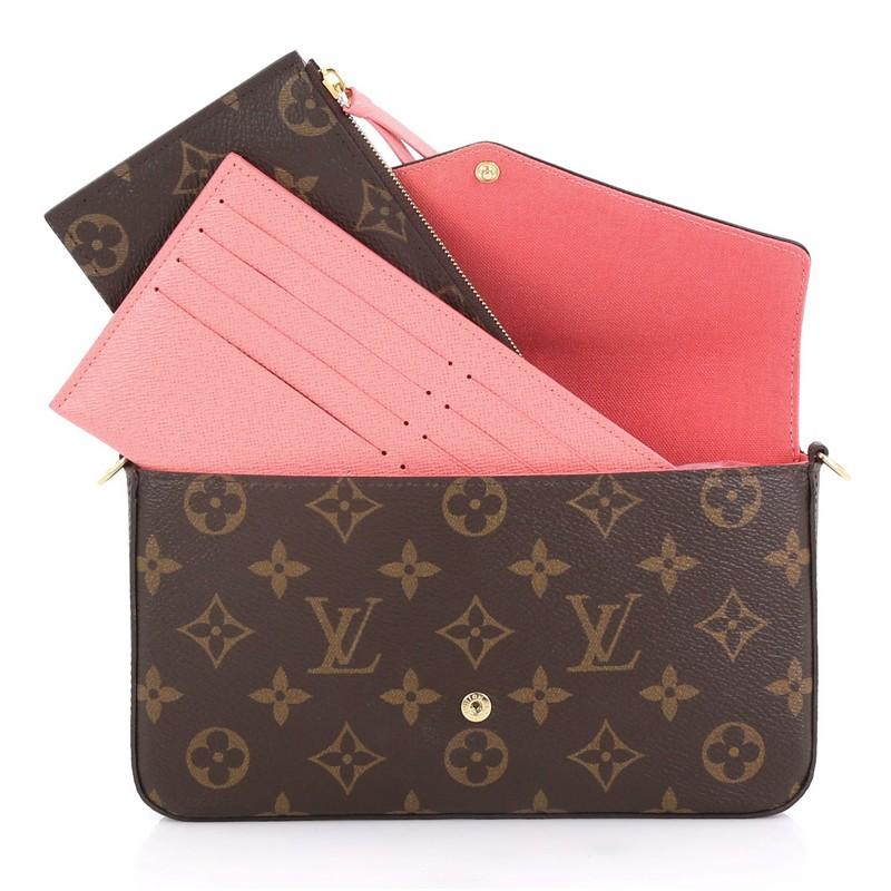 This Louis Vuitton Felicie Pochette Limited Edition Lovely Birds Monogram Canvas, crafted from brown monogram coated canvas, features detachable chain link shoulder strap, owl design in canvas at front and gold-tone hardware. Its press stud closure