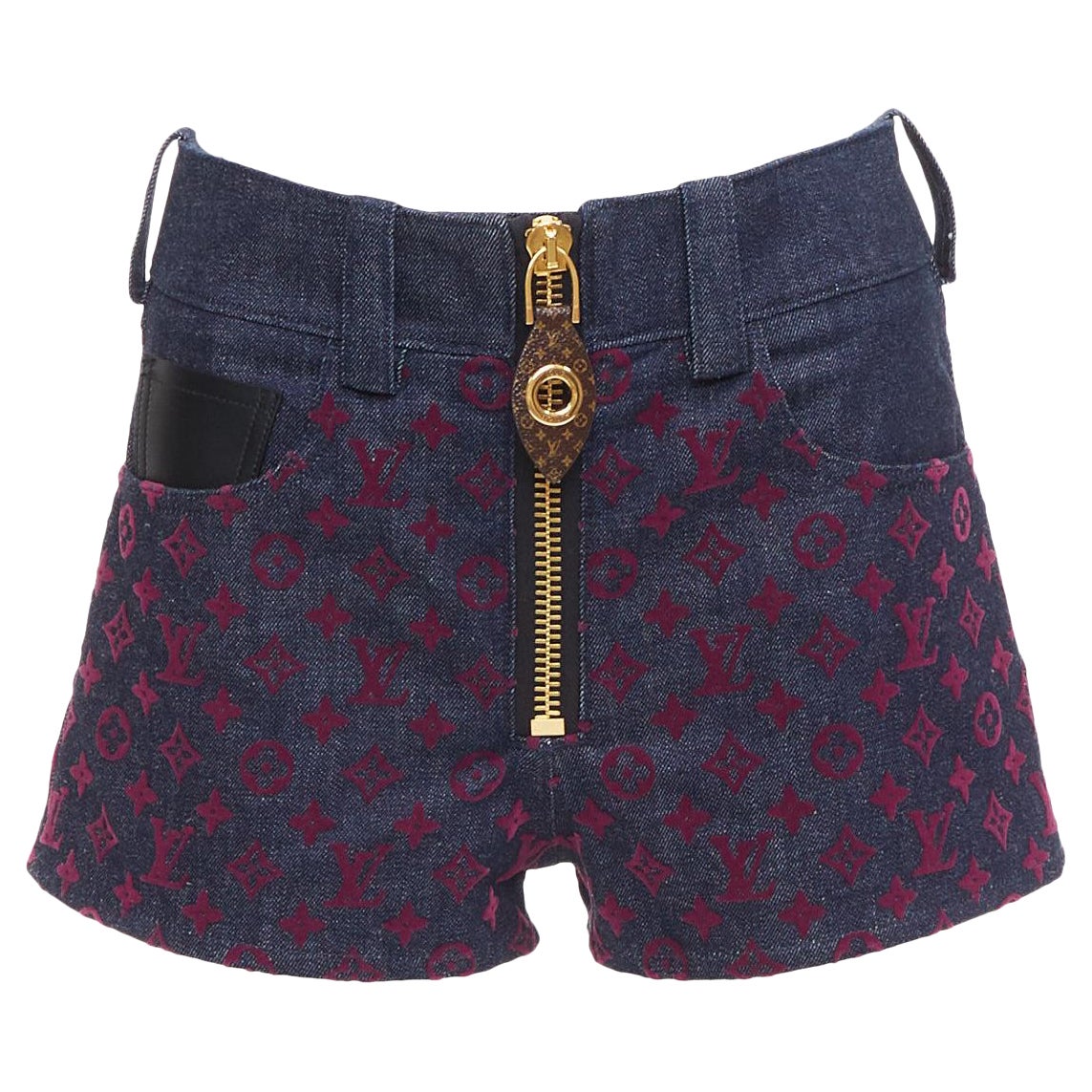 LOUIS VUITTON Flocked Monogram burgundy blue monogram denim shorts XS